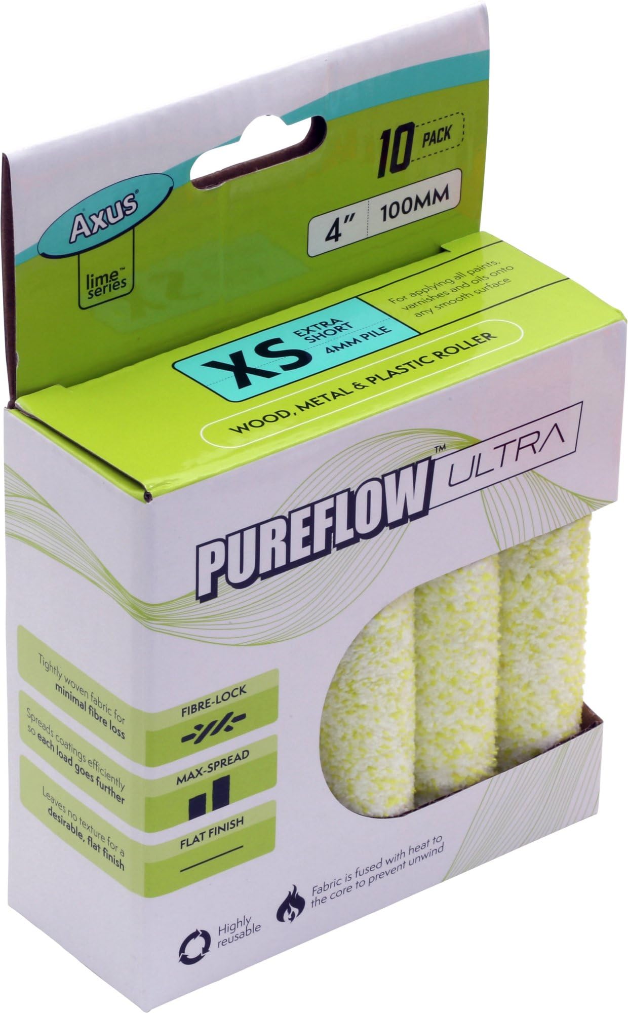 AXUS - PureFlow Ultra Roller (Lime Series) 4'' / 100mm, XS 4mm Pile, 10-Pack