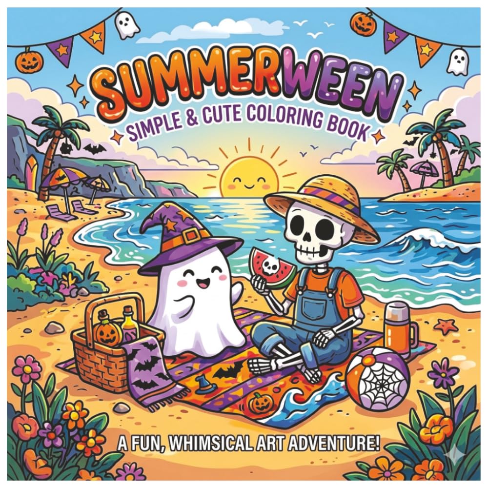 Summerween Colouring Book: Fun pictures with a spooky summer vibe. Bold lines and easy to colour.