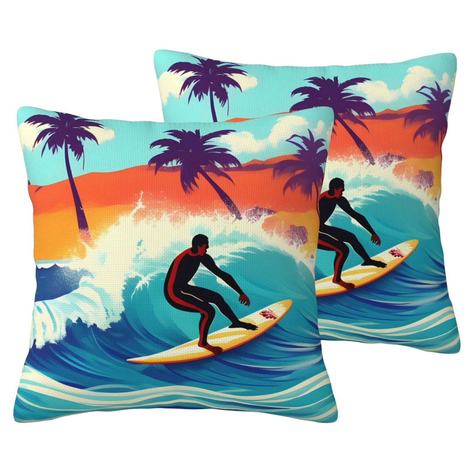 Housse de coussin imitation lin de qualité supérieure motif surfeur x2