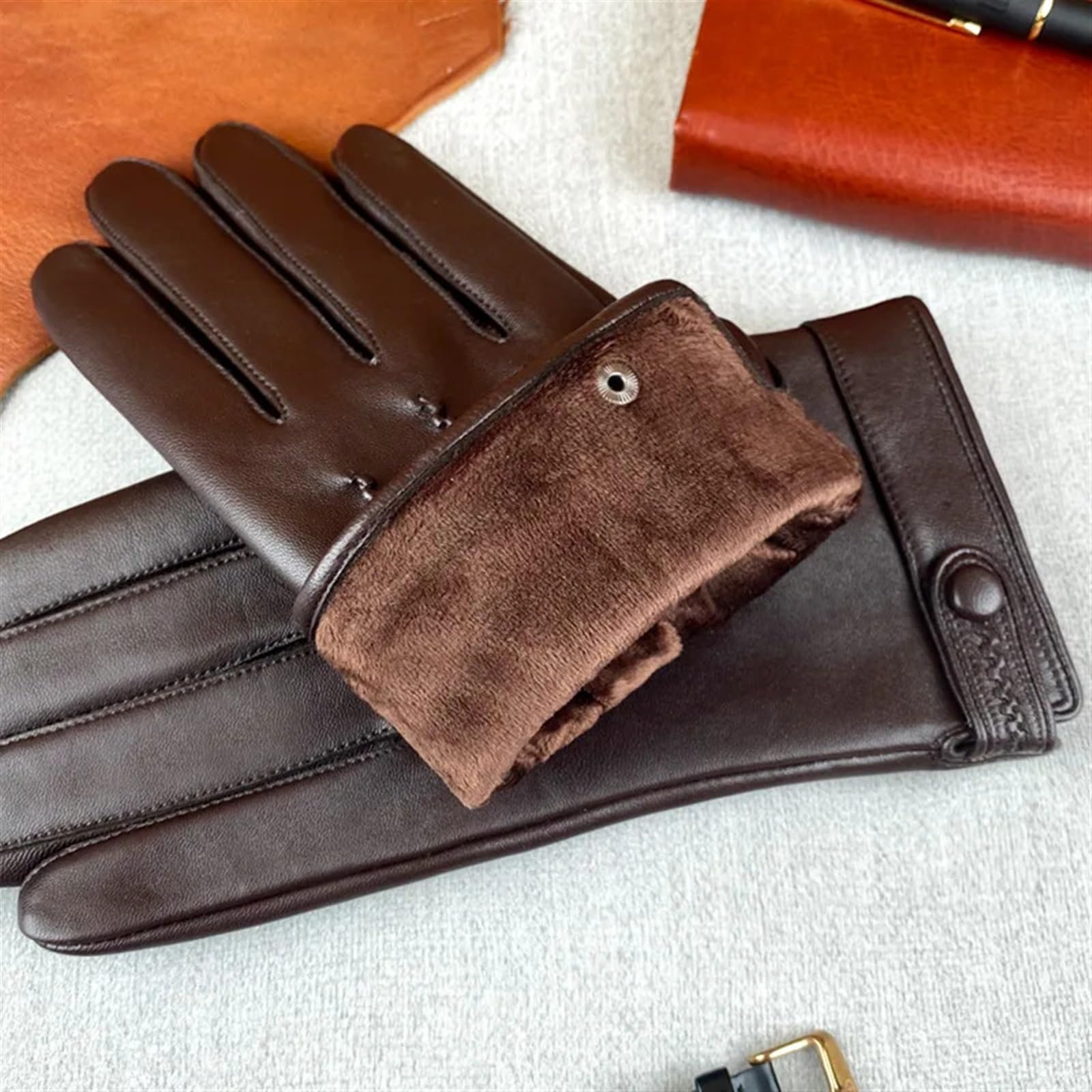 Guantes de cuero for hombre, otoño e invierno, resistentes al viento, cálidos, for negocios, con pantalla táctil, guantes dedo completo Guantes de Punto para Hombre