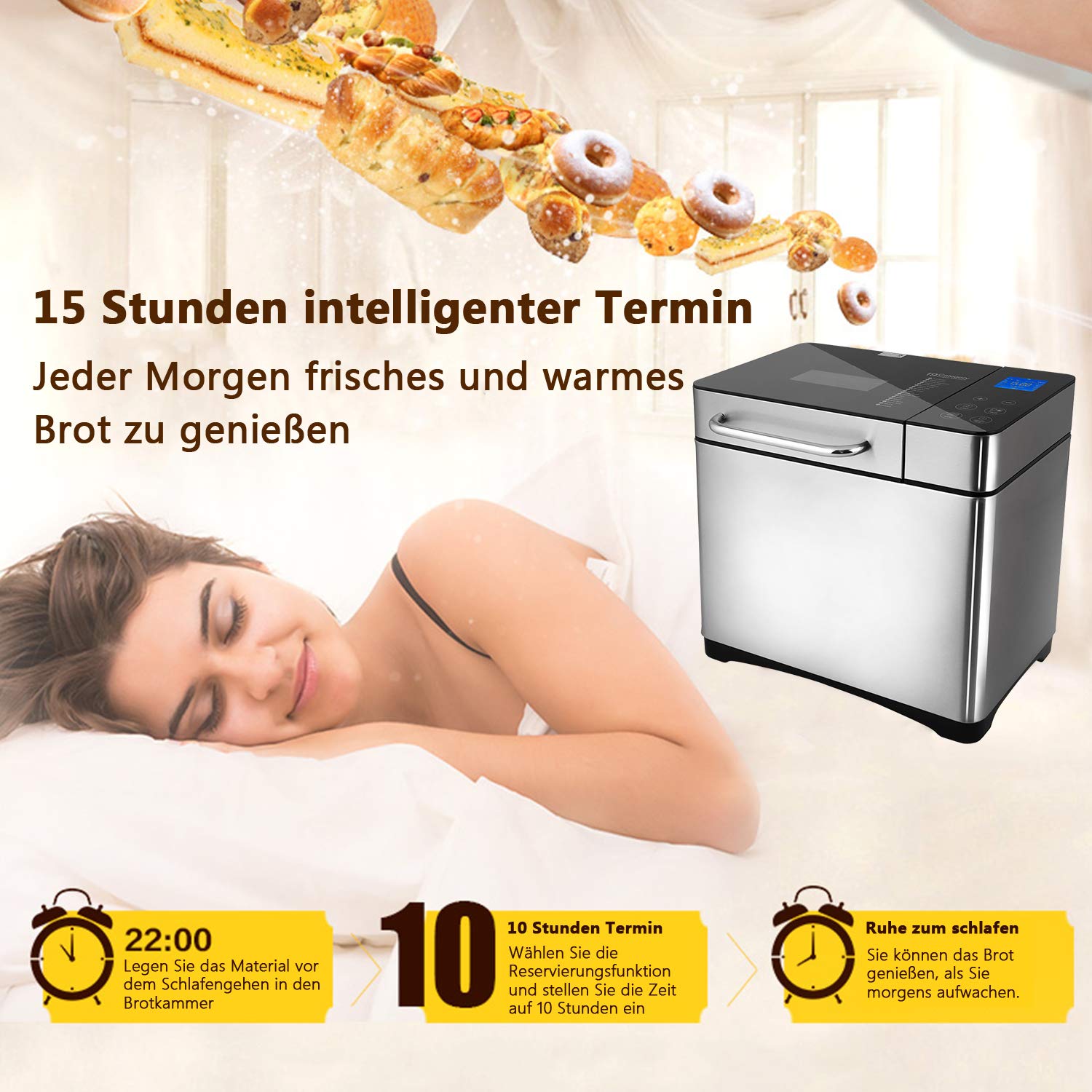 Hopekings Brotbackautomat Edelstahl Brotbackmaschine 19 Backprogramme Vollautomatische für 500g, 750g, 1000g 15-stündiger Verzögerungstimer Sichtfenster Warmhaltefunktion 710W