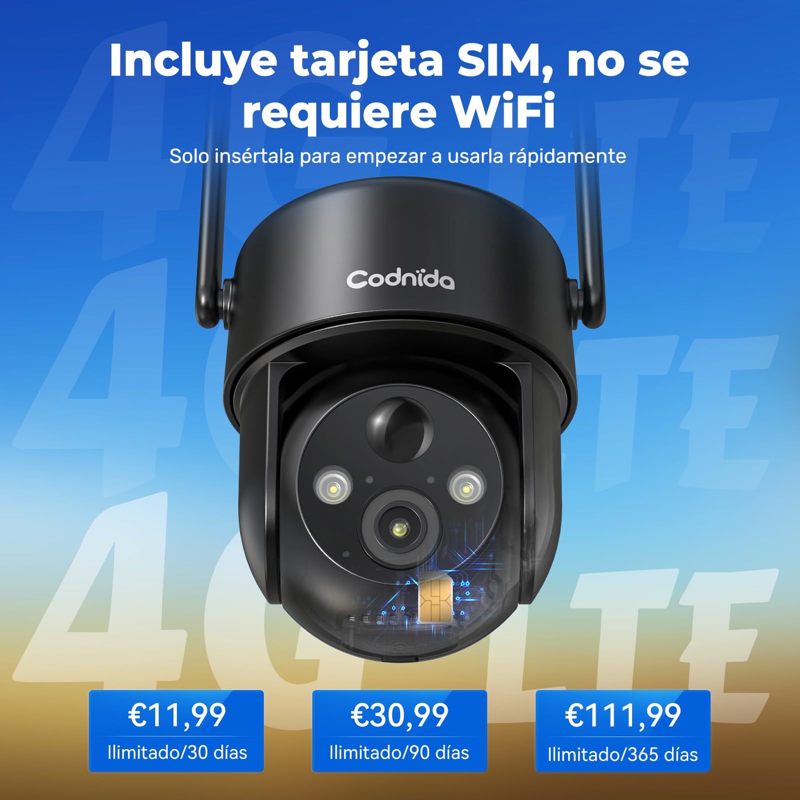 Codnida 4G LTE Cámara Vigilancia con Placa Solar, 2K Cámara Exterior Solar con Tarjeta Sim, 355° PTZ Camera sin Cable, Detección de Movimiento PIR, Audio Bidireccional, Visión Nocturna en Color, IP66