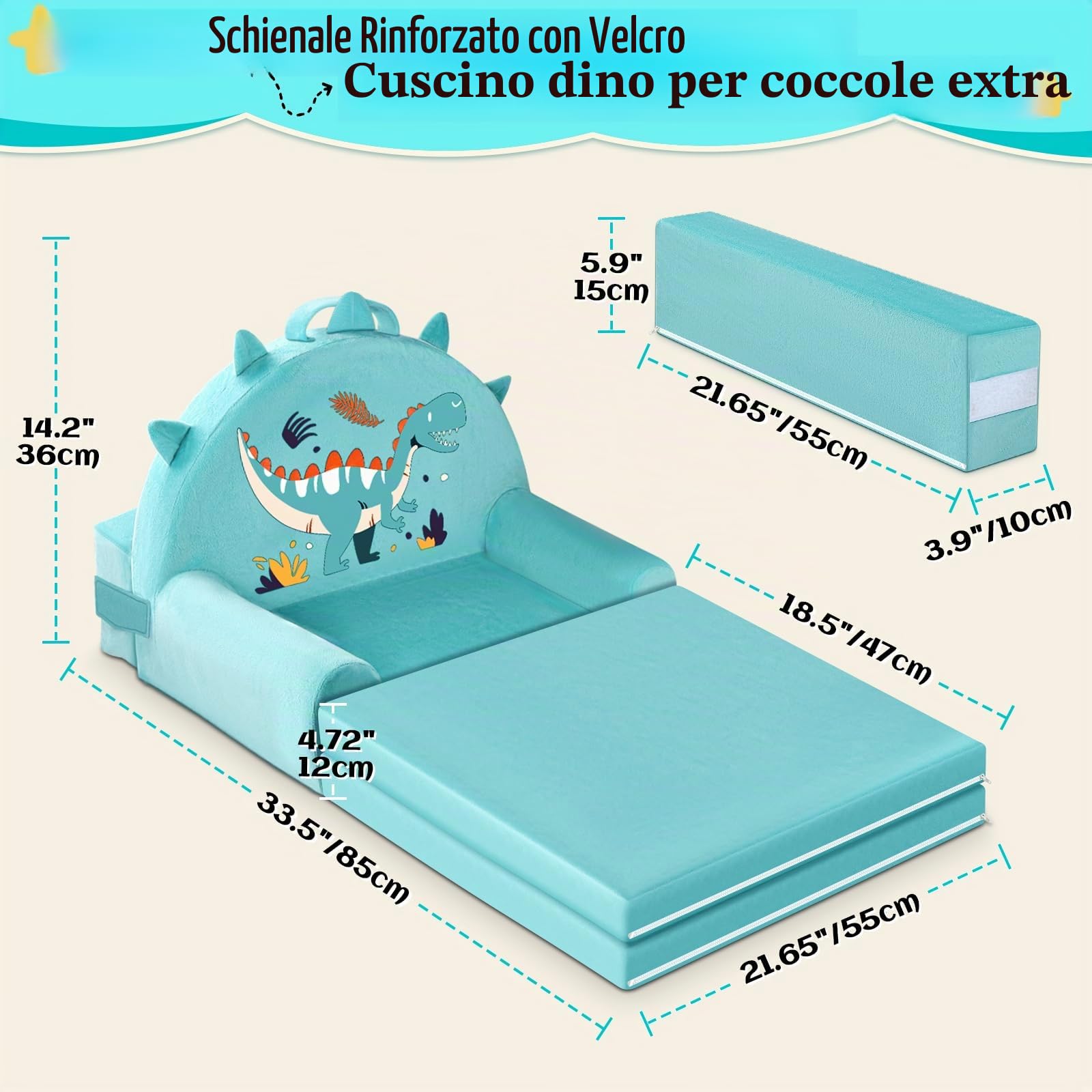Divano per bambini dinosauro, sedia pieghevole 2 in 1, 150cm morbido divano in velluto cristallo per bambini piccoli per camera da letto, soggiorno
