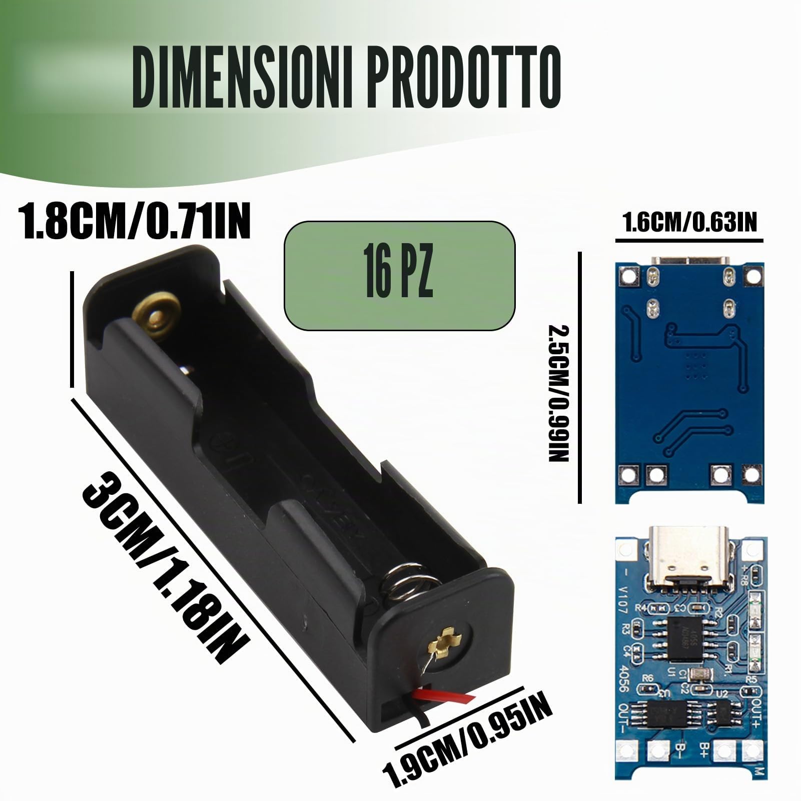 Porta Batterie 3.7V 18650 Custodia Plastica con Slot Singolo + 10 Moduli Caricabatterie USB Tipo-C 5V 1A, Custodie e Cavi Inclusi