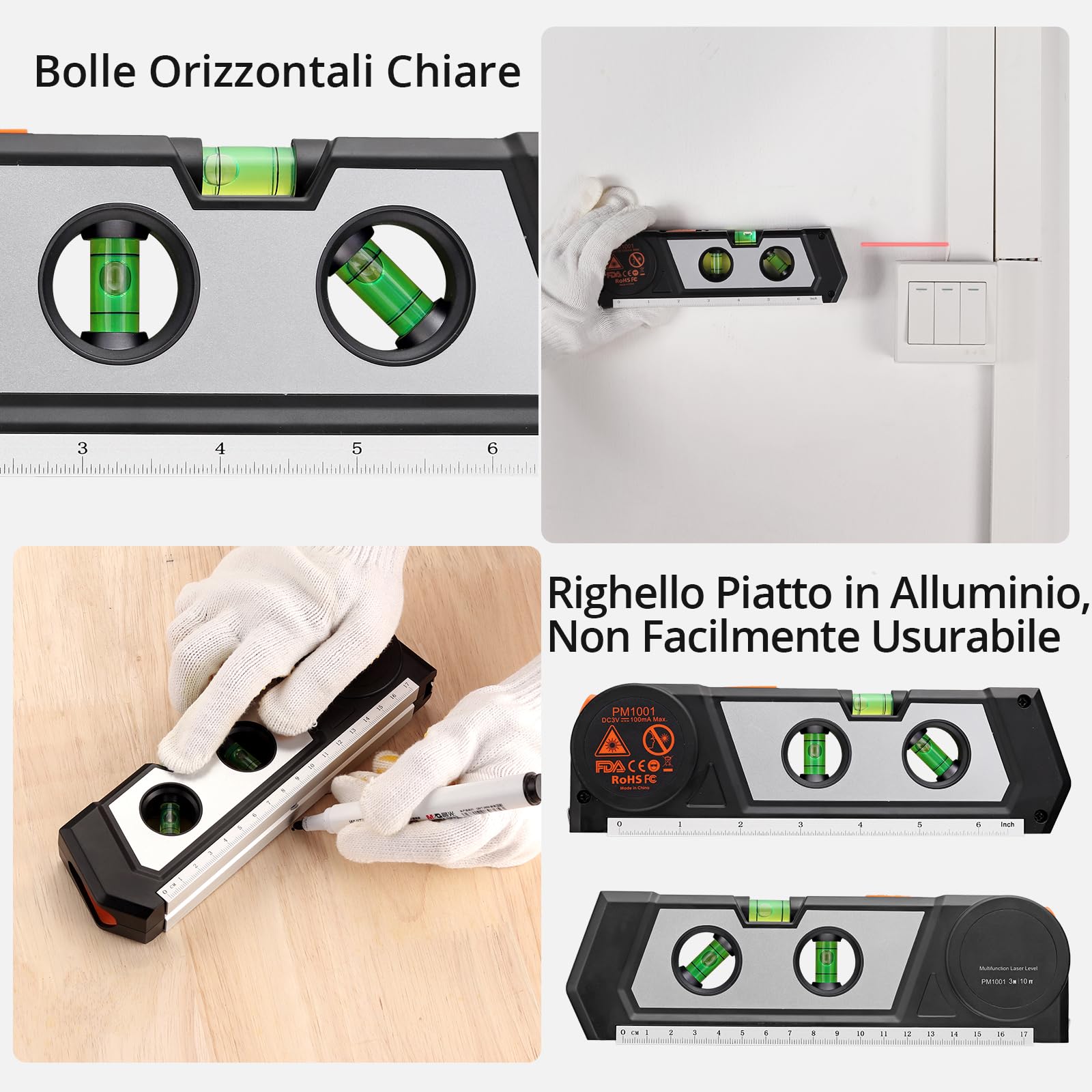 Neoteck Livella Laser 4 in 1 con 3m/9.8ft Metro Nastro+Livella+17cm Regolo Livella Laser Multiuso con Doppia Testa Laser Livello Laser a Infrarossi per Appendere Quadri Armadi Piastrelle e Pareti