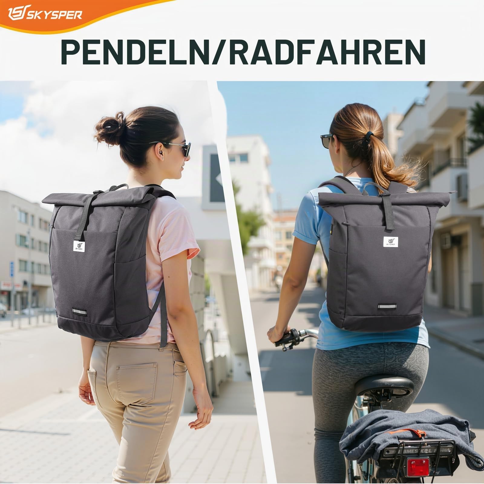 SKYSPER Rolltop Rucksack für Herren Damen mit Laptopfach Reiserucksack für Fahrrad Uni Arbeit Unisex Laptop Backpack Schulrucksack