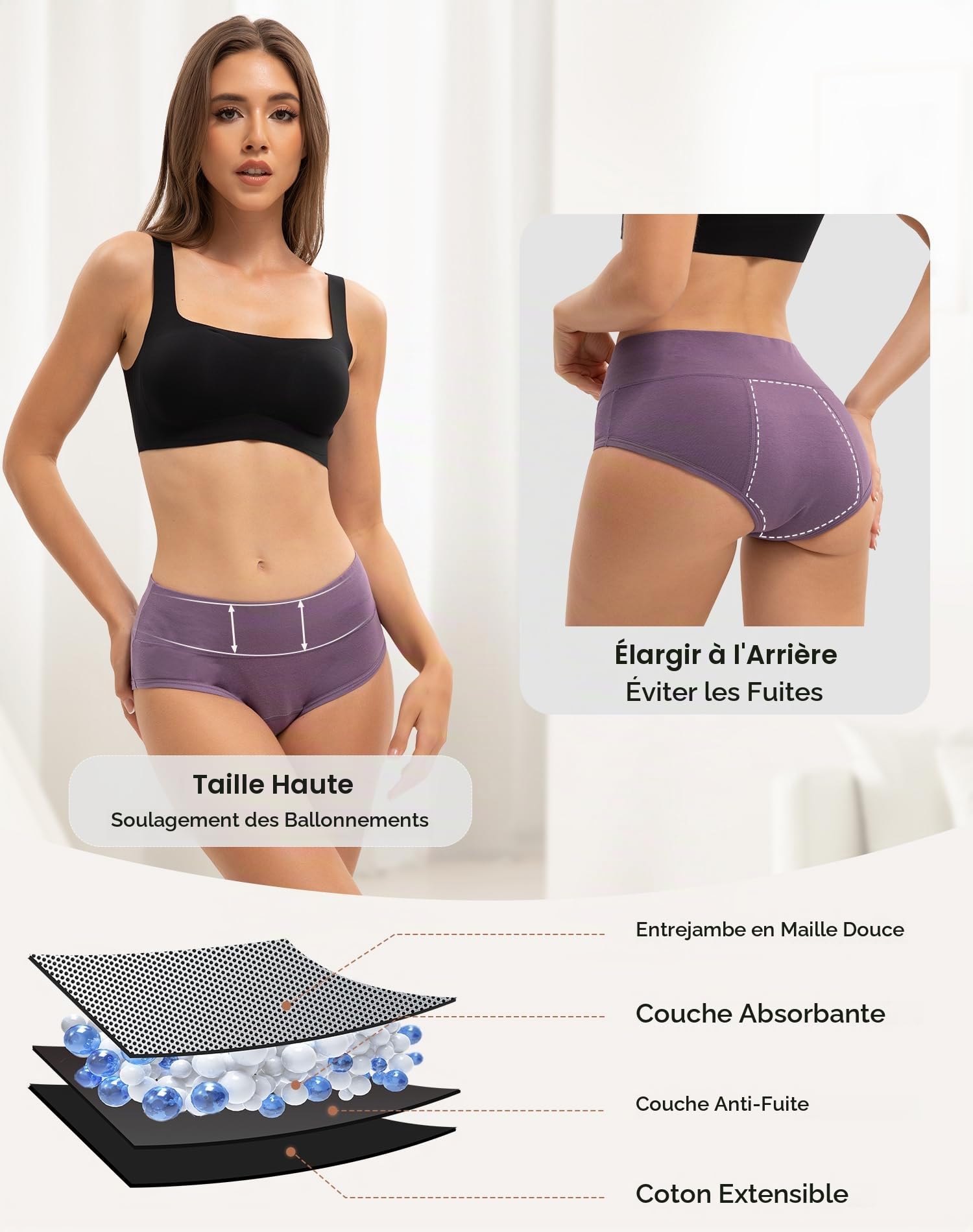 INNERSY Culotte Menstruelle Flux Abondant Coton Taille Haute 50ml Lot de 3 | Culottes Menstruelles Femme, Slip de Règle Lavable, Shorty Périodique Anti-fuite, Incontinence, Post Accouchement, Jour/Nuit