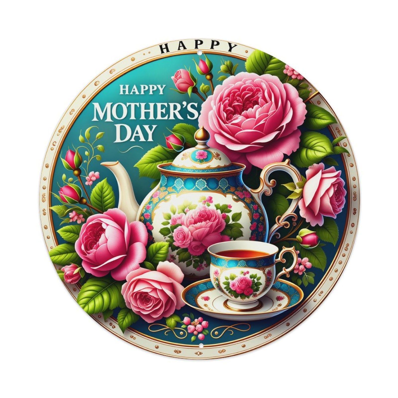Floral Teapot Rose Tea Cup Round Tin Sign Vintage Metal Poster, Home Bar Garage Man Cave Cafe Indoor & Outdoor Wall Decoration 8x8Inches