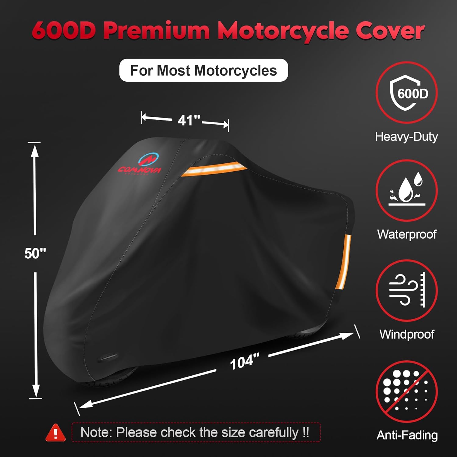 Comnova Motorcycle Cover 104 Inch - 600D Waterproof Outdoor Motorcycle Cover with Lock Hole, Powersports Vehicle Covers with All-Season Protection for Motorcycles