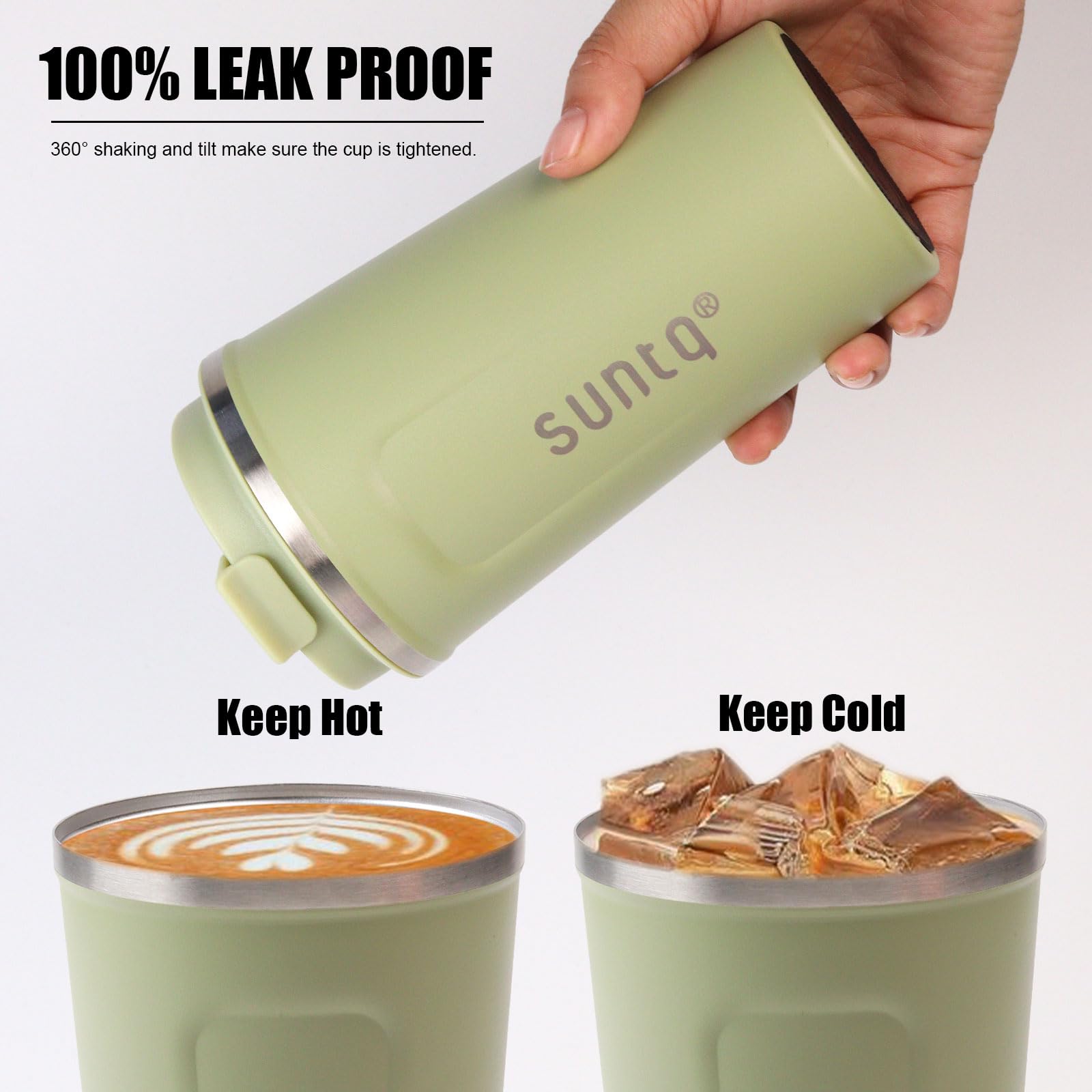 SUNTQ Reusable Travel Mug - Stainless Steel Insulated Cup - Leakproof Lid for Hot & Cold Drinks, 18oz, Sage Green - Image 4