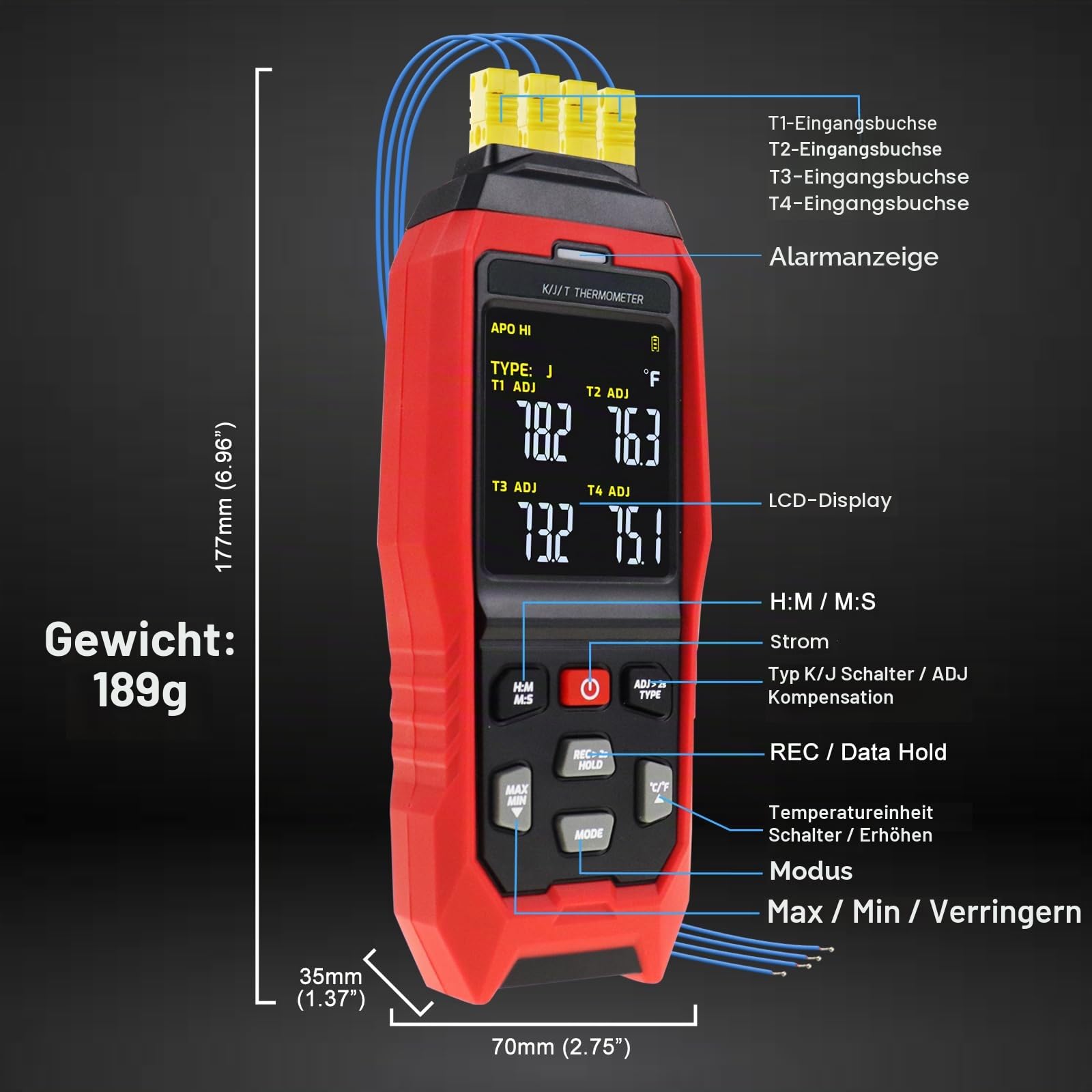 Thermoelement-Thermometer-Datenlogger 4 Kanäle Digitales K-Typ-Thermometer, Echtzeit-Datenprotokollierung, Temperaturdatenlogger, 5000 Gruppenaufzeichnung, Akustische/visuelle Alarme -328~2501°F