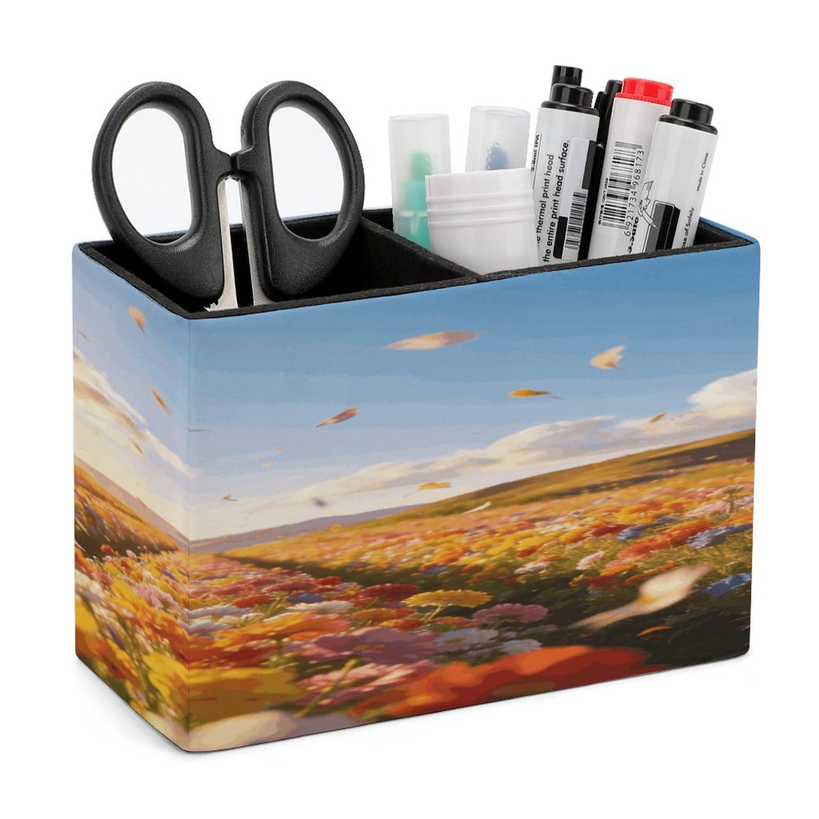LZQPOEAS Spectacular Flower Field Scenery Pen Holder Double Compartments Pen Cup Makeup Brush Holders Leather Pencil Holder Locker Organizer for Work Locker Accessories Modern Pencil Cup for Desk