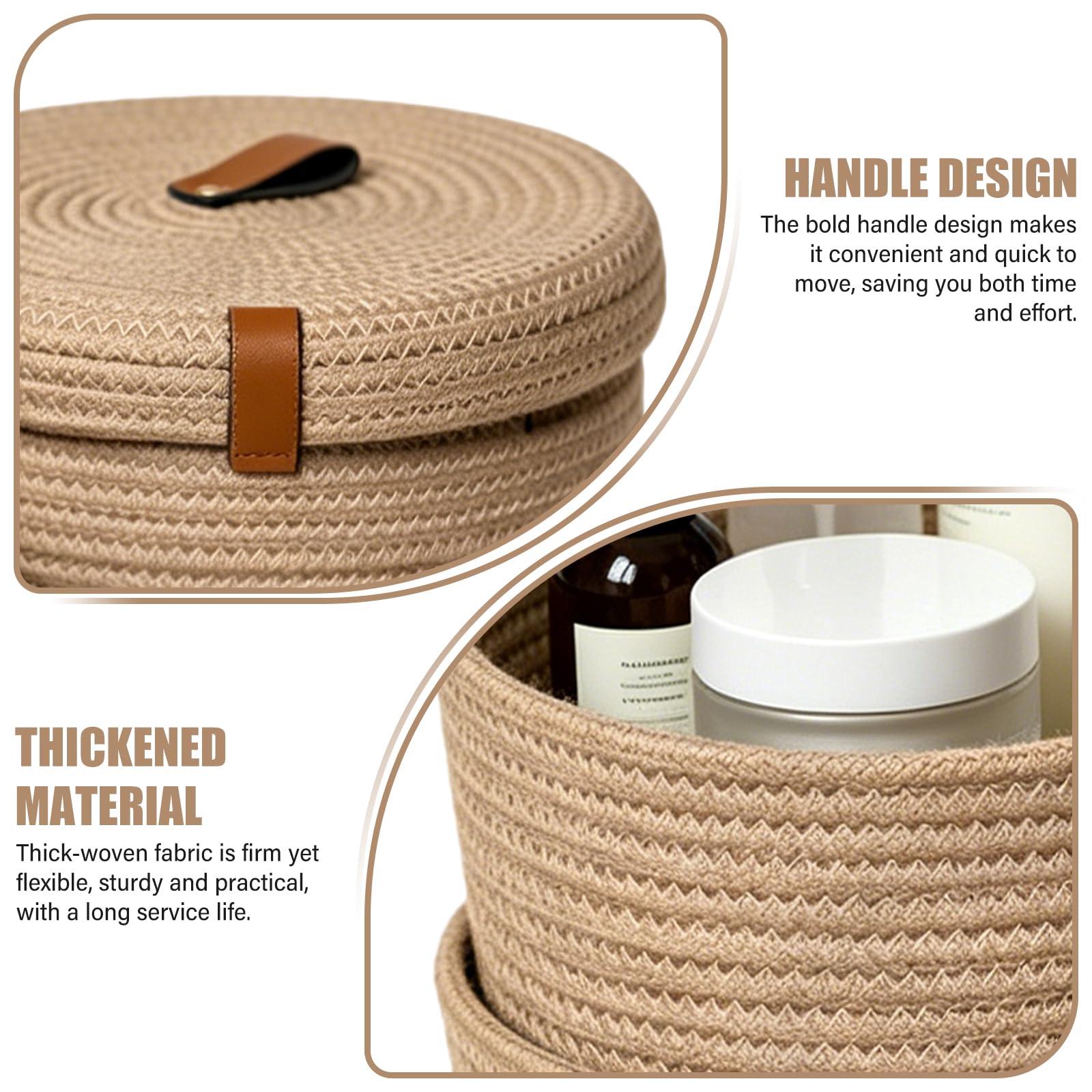 2 cestas de almacenamiento con tapa, cestas de cuerda de algodón con tapa, cesta trenzada lavable, cesta de almacenamiento multifuncional para salón, baño, oficina, decoración