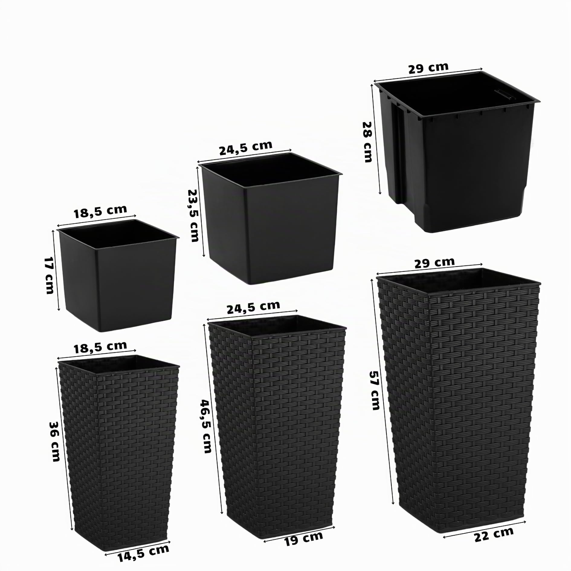 Ensemble de Pots de Fleurs avec Insert, Noir 57 cm | Pots de fleurs en 3 tailles : 37/47/57 cm, Aspect rotin et plastique recyclé, Pour la maison et le jardin