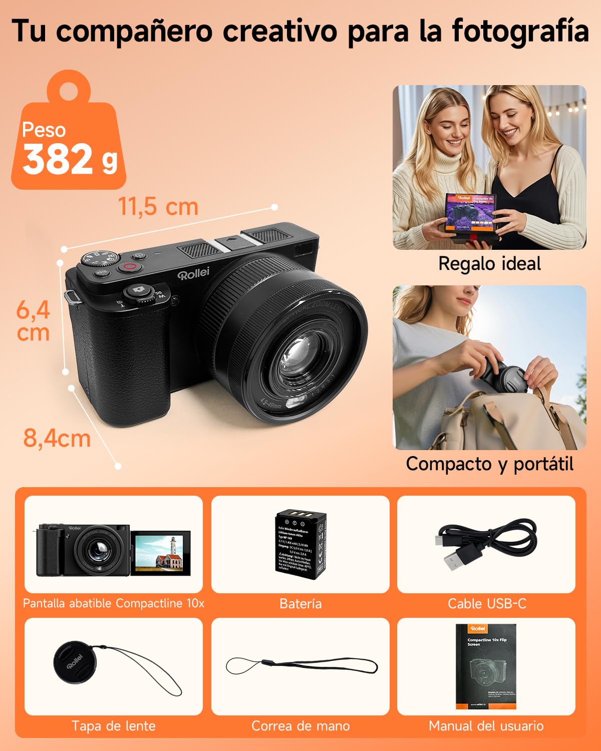 Rollei Compactline 10X Flip Screen Cámara Digital 64MP 4K Cámara Fotokamera 10X Optischer Zoom Selfie Fotoapparat mit 180° Flip 2,88" Screen für Teens Anfänger Digital-Kamera-Fotoapparat-Camera