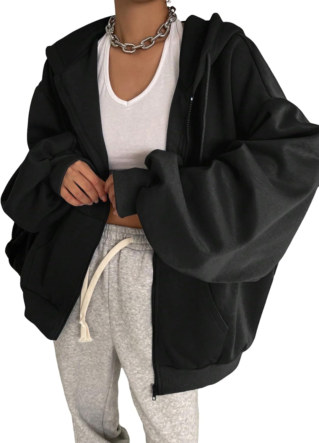 SweatyRocks Women's Causal Drop Shoulder Long Sleeve Sweatshirts Oversized Full Zip Solid Hoodie with Pocket