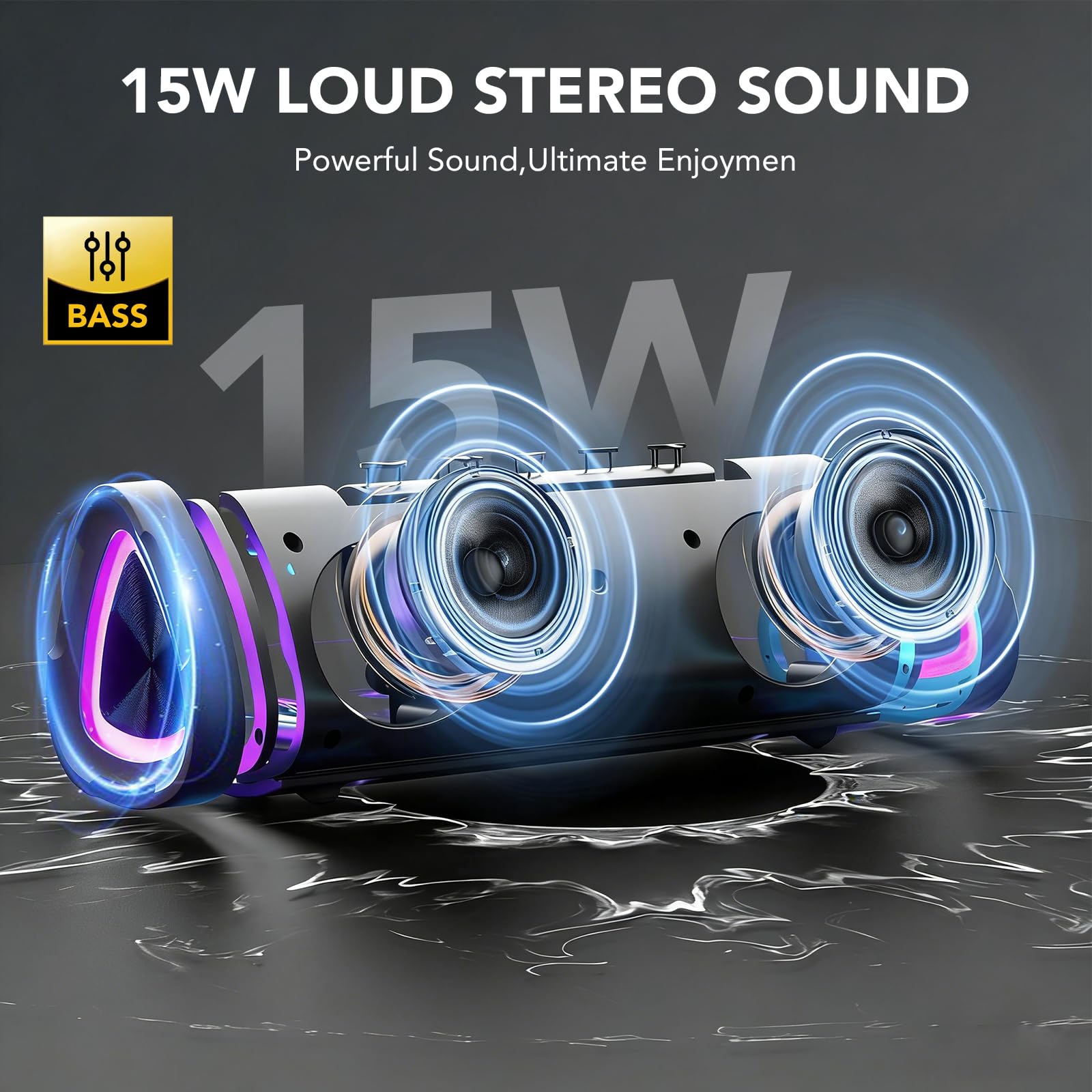 aowoka Altoparlante Bluetooth, altoparlanti wireless portatili 2026 con luce a LED, Bluetooth 5.4, 15 ore di riproduzione, bassi migliorati, impermeabile IPX7, altoparlante esterno per viaggi, sport