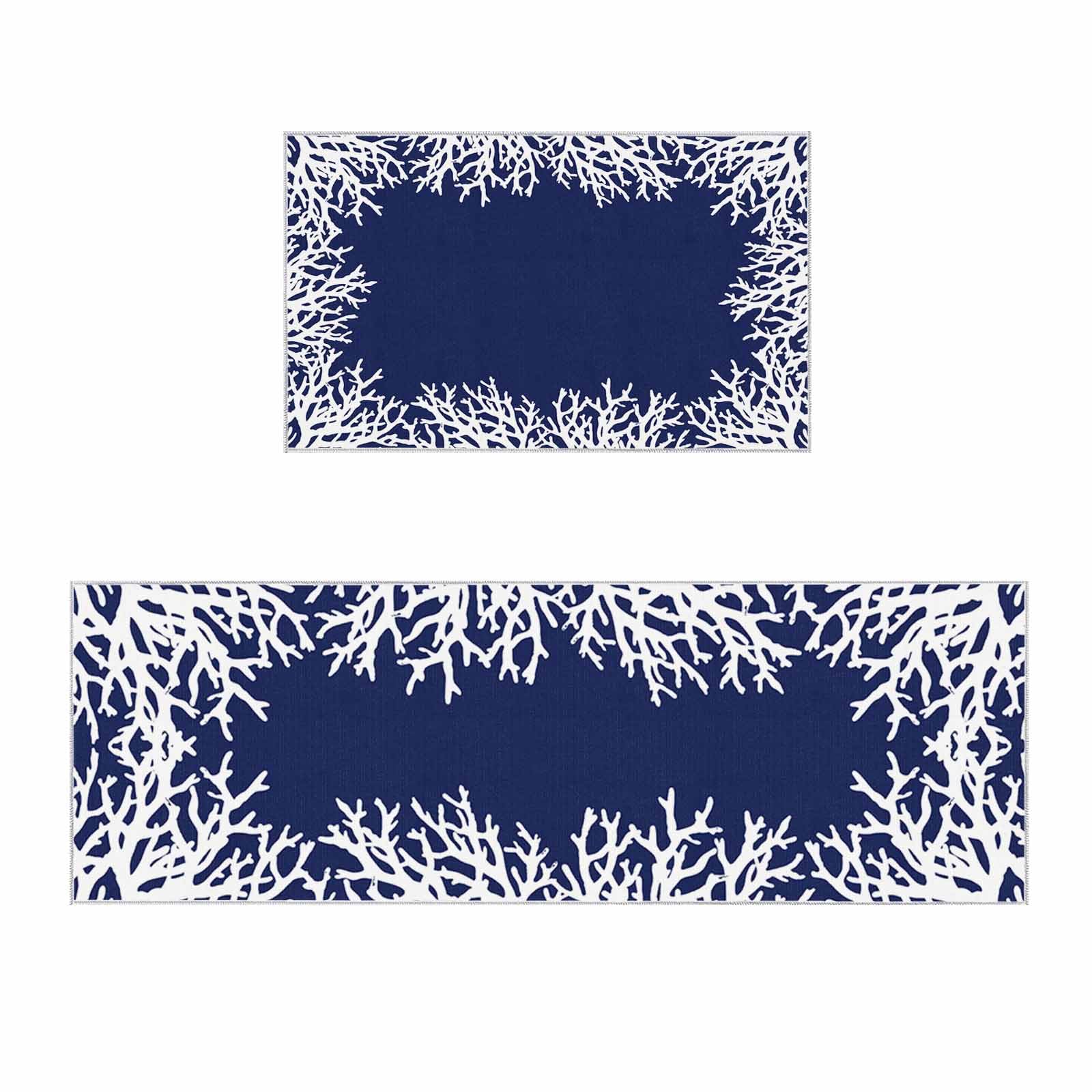 2 Pieces Kitchen Rugs and Mats,Watercolor Ocean Coral on Navy Blue Area Runner Rug Set Non Slip Floor Doormat Washable Carpet Standing Mat for Kitchen Sink Indoor Corridor,Summer Marine Creature