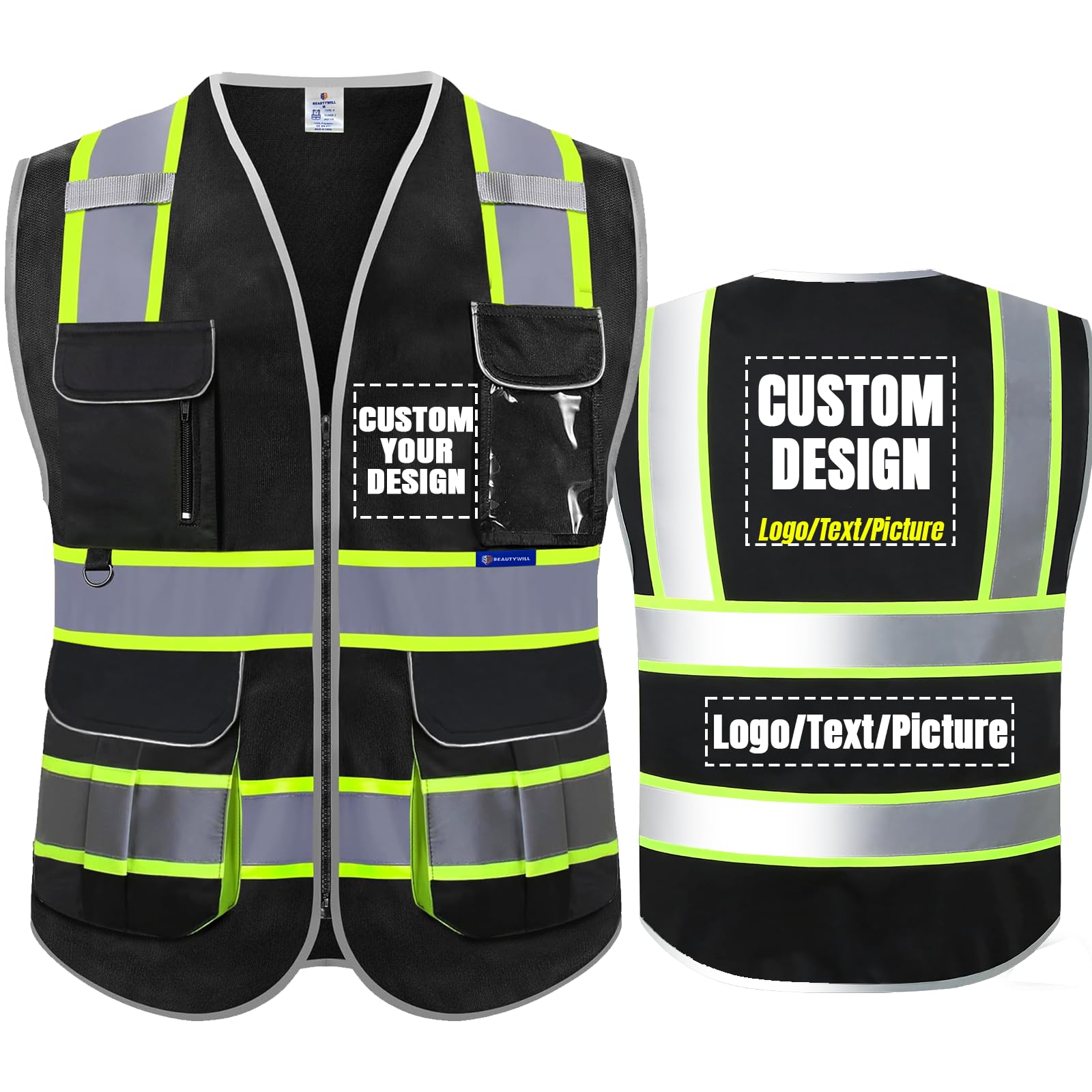 BeautyWill ANSI Certified Custom Logo Safety Vest 8-Pockets Class2 High Visibility Reflective Vest for Men - Personalized Logo Heavy-Duty Work Vest（