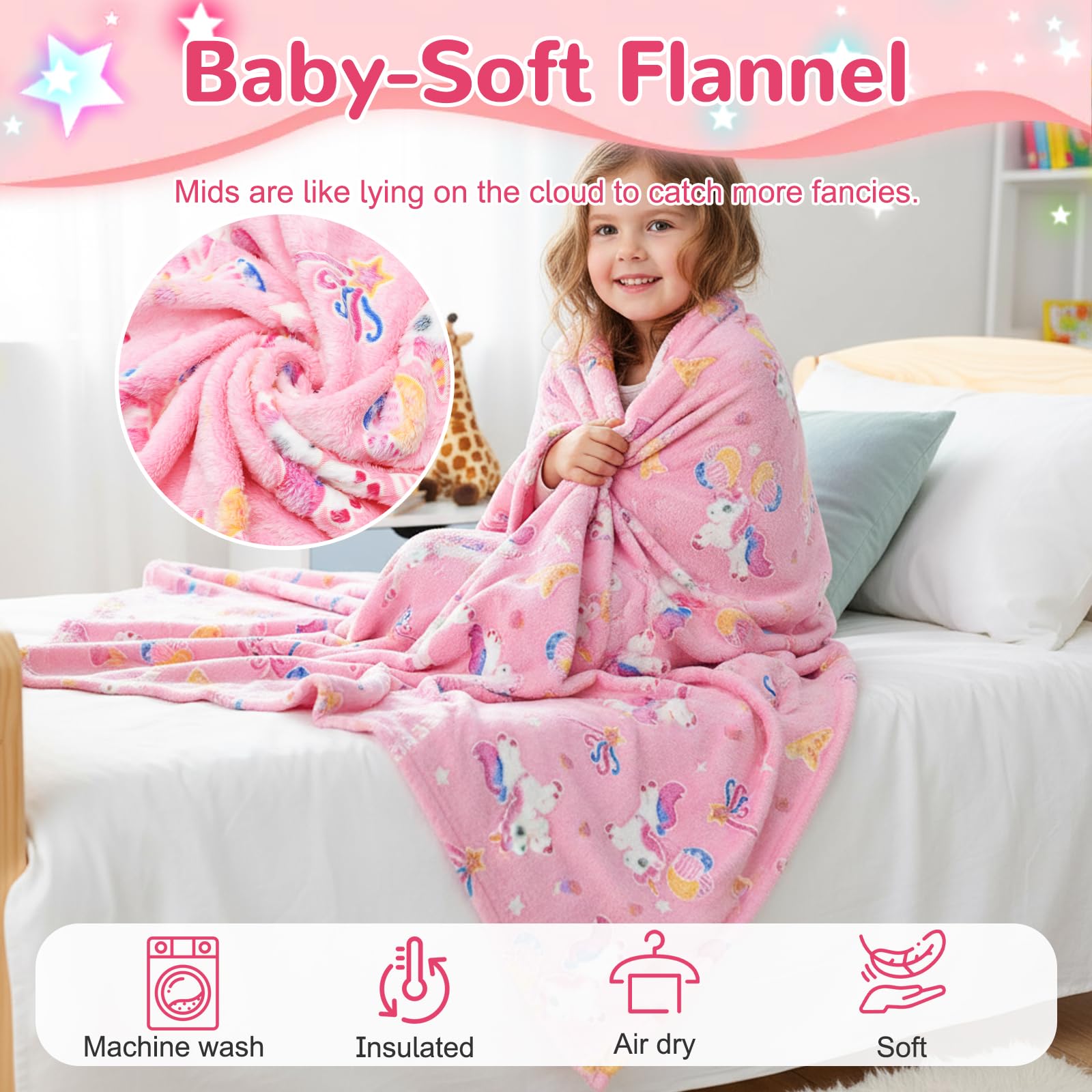Coperta con Unicorno per Ragazze, Coperta Divertente Flanella con Che si Illumina al Buio per Bambino dai 2 ai 12 Anni, Caldo Plaid Rosa Singolo per Divano Soggiorno Camera da Letto, 150x200cm