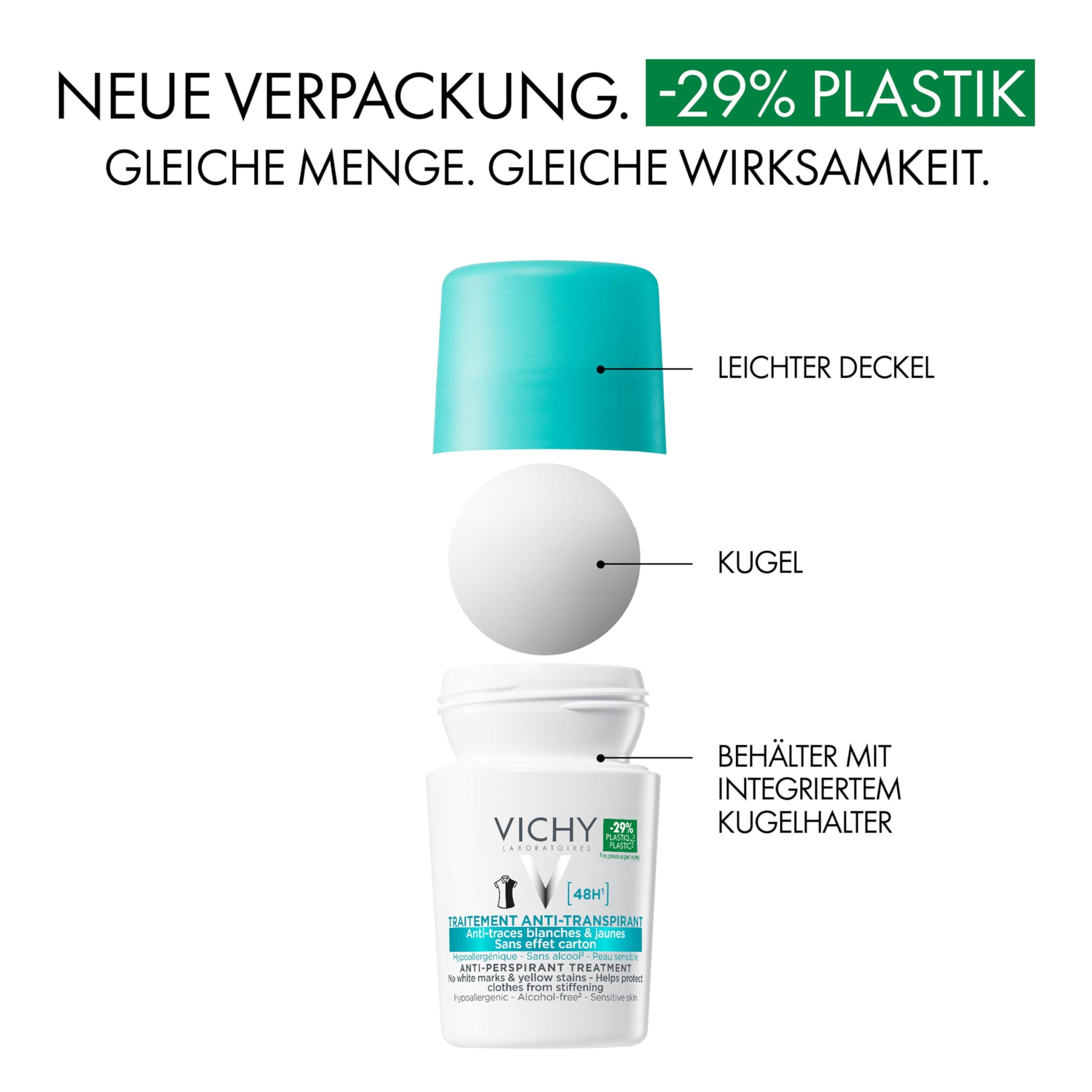 Vichy Anti-Transpirant 48h gegen Flecken, Deo-Roll-on für Frauen und Männer, Schweiß- und geruchshemmend, Keine Spuren auf der Kleidung, Mit Thermalwasser aus Vichy, Für empfindliche Haut
