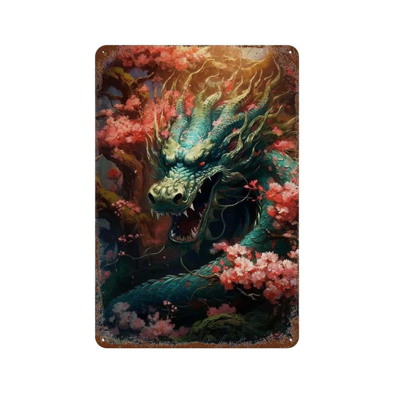 Japanese Dragon Cherry Rust Effect Tin Sign 11.8"x7.9", Vintage Wall Decor for Pub, Kitchen And Man Cave Decor