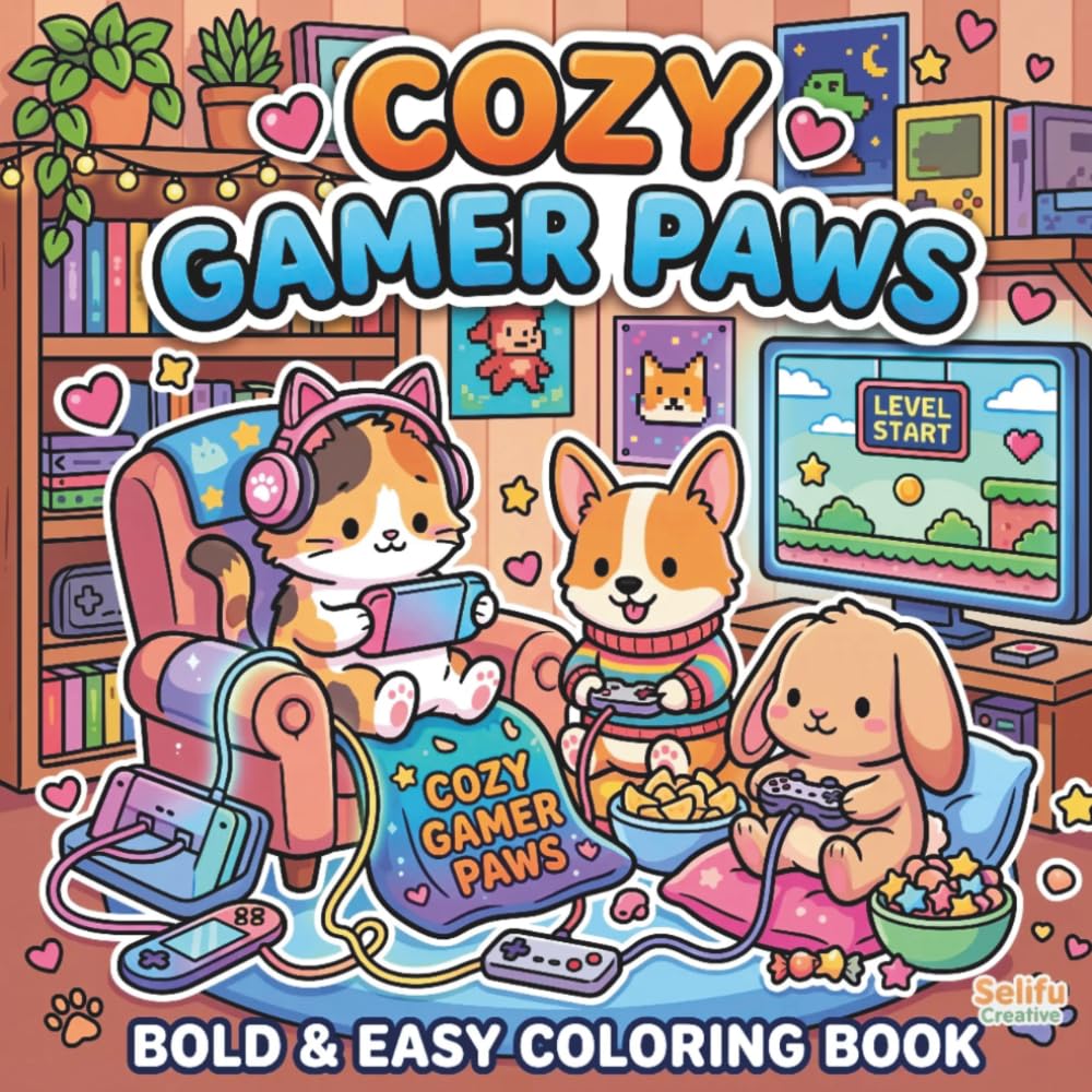 Kawaii Gamer Coloring Book: Cozy Gamer Paws | 40 PDF Printable Style Pages for Stress Relief and Lofi Aesthetic Lovers: Cute Animals Gaming, Retro ...
