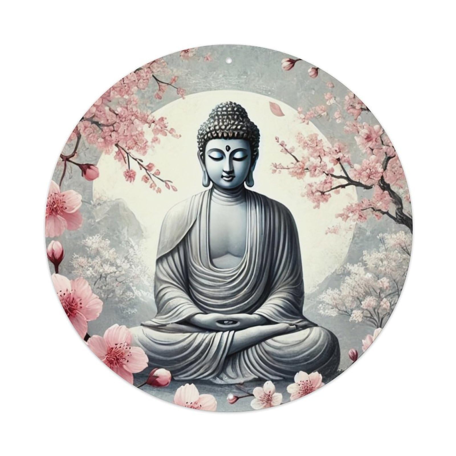 Buddha Cherry Blossom Serenity Peaceful Harmony Retro Metal Sign Round Tin Sign, Vintage Decor Art Poster for Bar, Home, Man Cave, Kitchen, Laundry Room Gift 8x8Inch