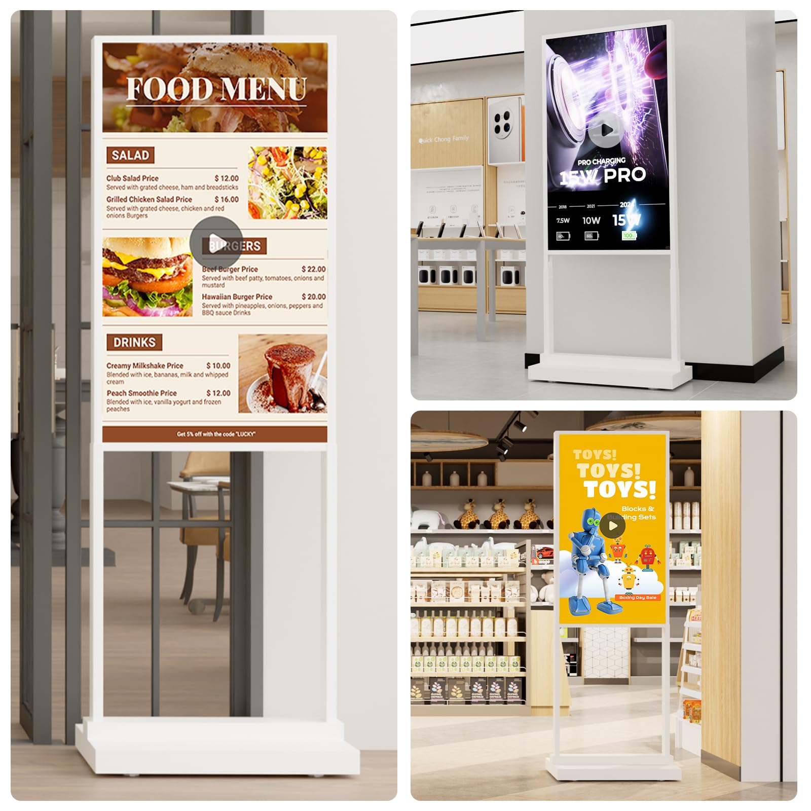 Digital Signage Display 32 Zoll, 4K Werbedisplay Digital, Tragbar 700Nits Digitaler Kundenstopper, Geeignet für Einzelhandelsgeschäft, Restaurant, Einkaufszentrum schaufenster und Gewerbezentrum, Weiß