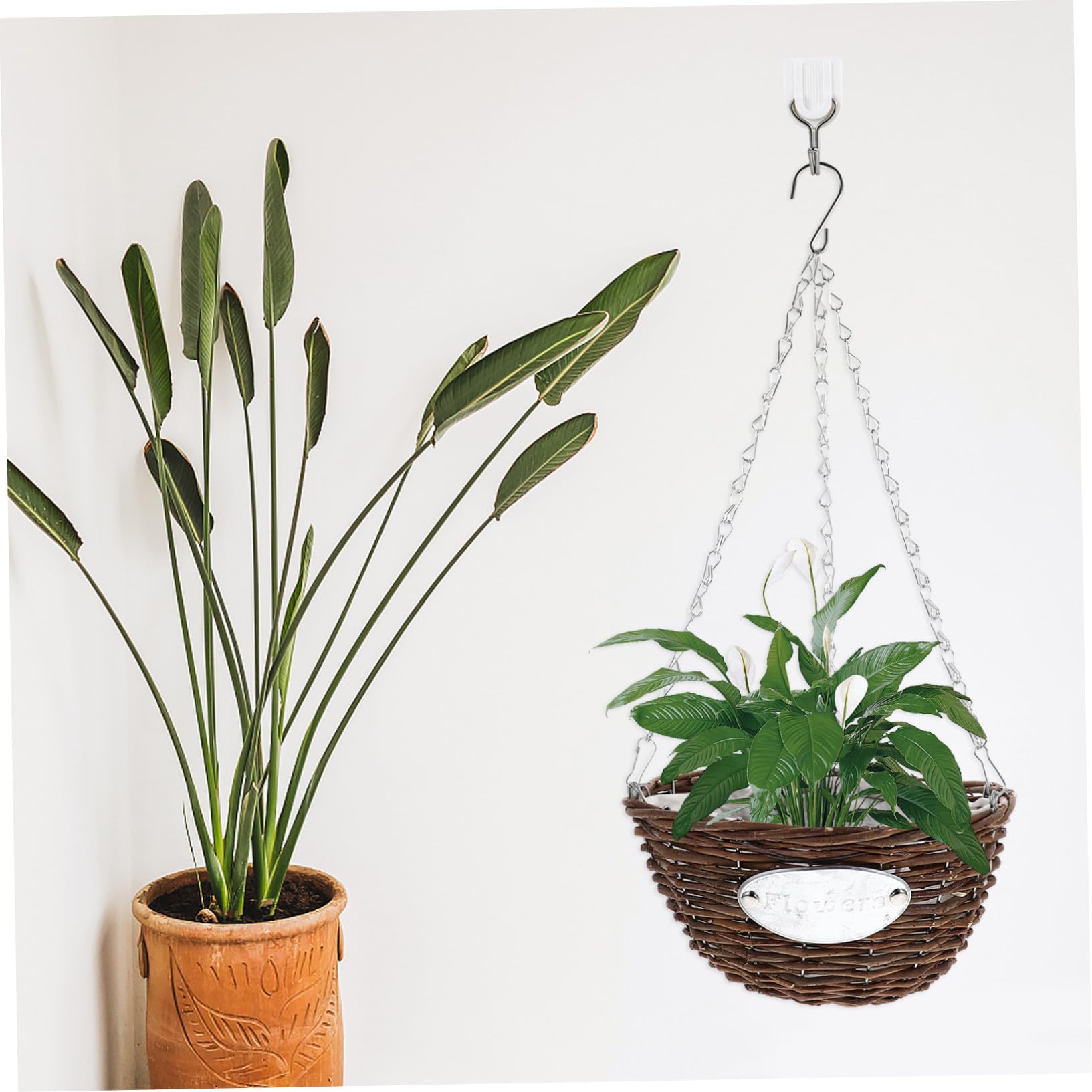 SOLUSTRE Vasi Sospesi in Metallo e Rattan 2 Pezzi, Cesto Appeso Medio 25 CM per Decorazioni di Soggiorno e Esterni, Fioriere da Balcone per Piante