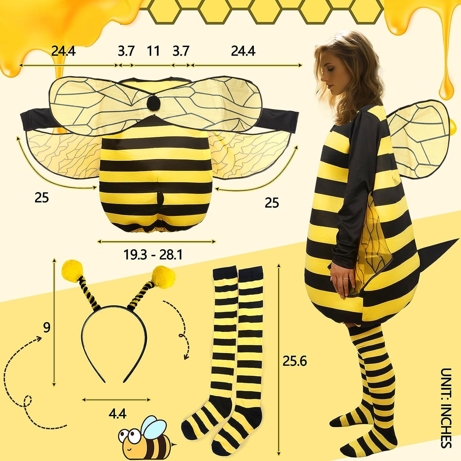 Yoisdtxc Women Halloween Outfit Long Sleeve Striped Patchwork Bee Costume with Knee-high Socks and Hair Hoop Cosplay Outfit (Yellow, S) - Image 4