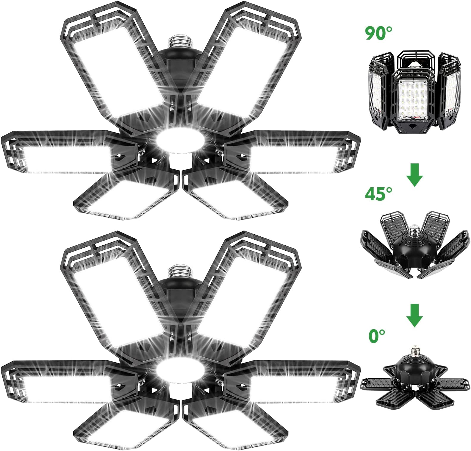 AILUKI LED Garage Light 2 Pack 160W E26 1600LM Deformable Led Garage Ceiling Lights 6500K Daylight White with 6 Adjustable Panels for Garage, Barn, Workshop,Warehouse