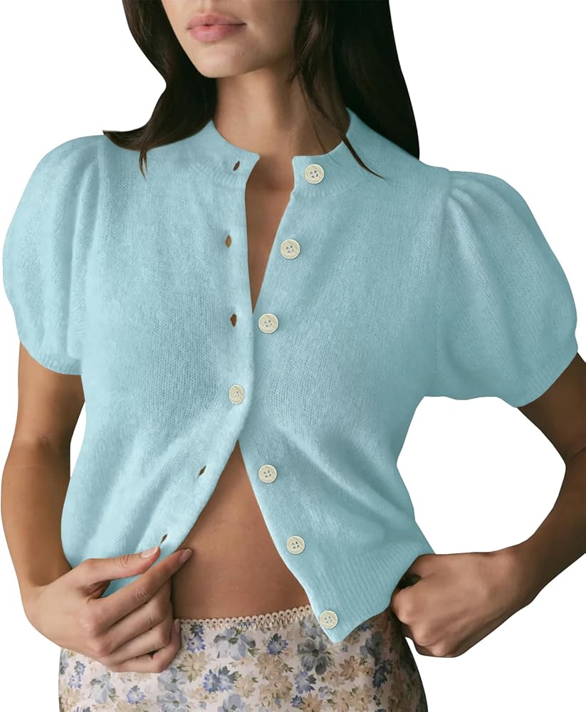 Bollrllr Women's Retro Puff Sleeve Cardigan - Short Knitted Button Sweater