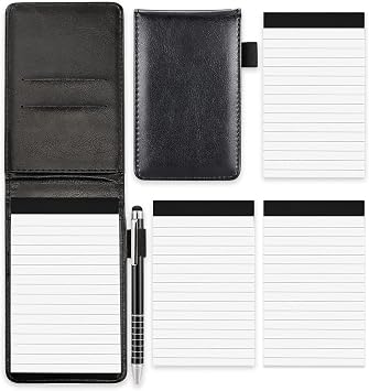 NEUSID 4 Pcs Small Pocket Notebook Mini Notepads Set, A7 PU Leather Note Pads Pocket Size Notebooks Pen Holder with 2 Notepad Memo Book Refills with 30 Lined Paper Per Note Pad and 1 Metal Pen
