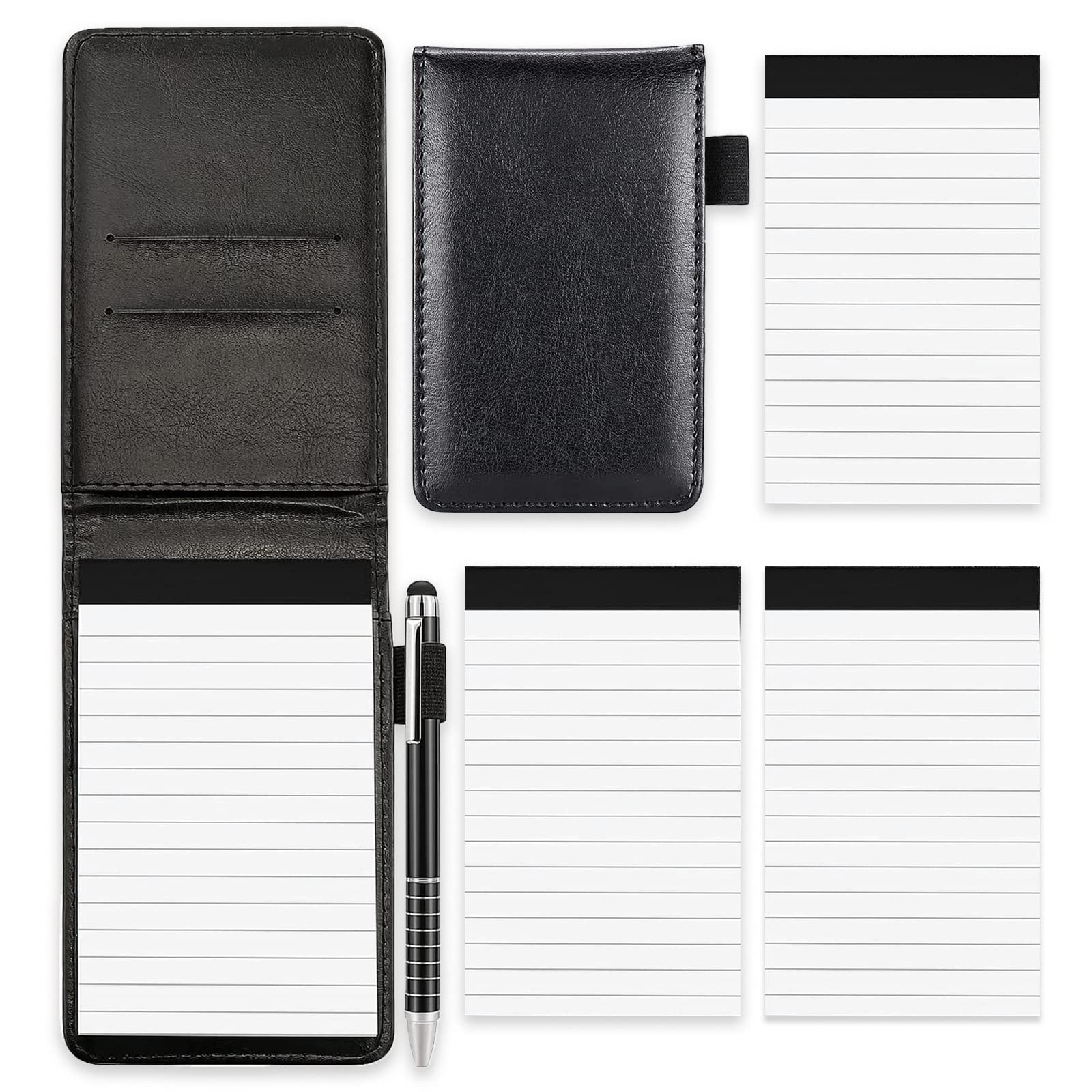 NEUSID 4 Pcs Small Pocket Notebook Mini Notepads Set, A7 PU Leather Note Pads Pocket Size Notebooks Pen Holder with 2 Notepad Memo Book Refills with 30 Lined Paper Per Note Pad and 1 Metal Pen