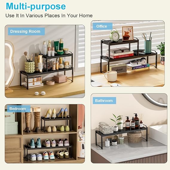 Expandable Kitchen Cupboard Organiser, Counter Spice Rack, Multi-Purpose Kitchen Shelf Organiser Storage, Cupboard Shelves for Pantry,Cabinet, Metal, Black