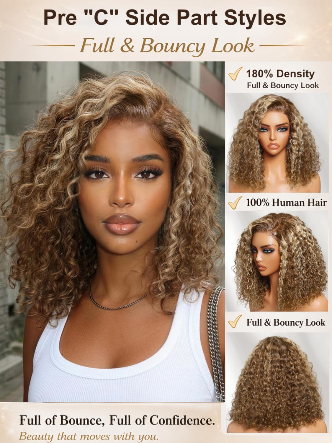 UNICE 7x5 Glueless Curly Bob Wig Human Hair, Honey Blonde Highlight Side Part Short Bob Wig, 7x5 Lace Front Wig Pre Plucked Bleached Knots, Drawstring Wig Ready to Go, 180% Density 10 Inch