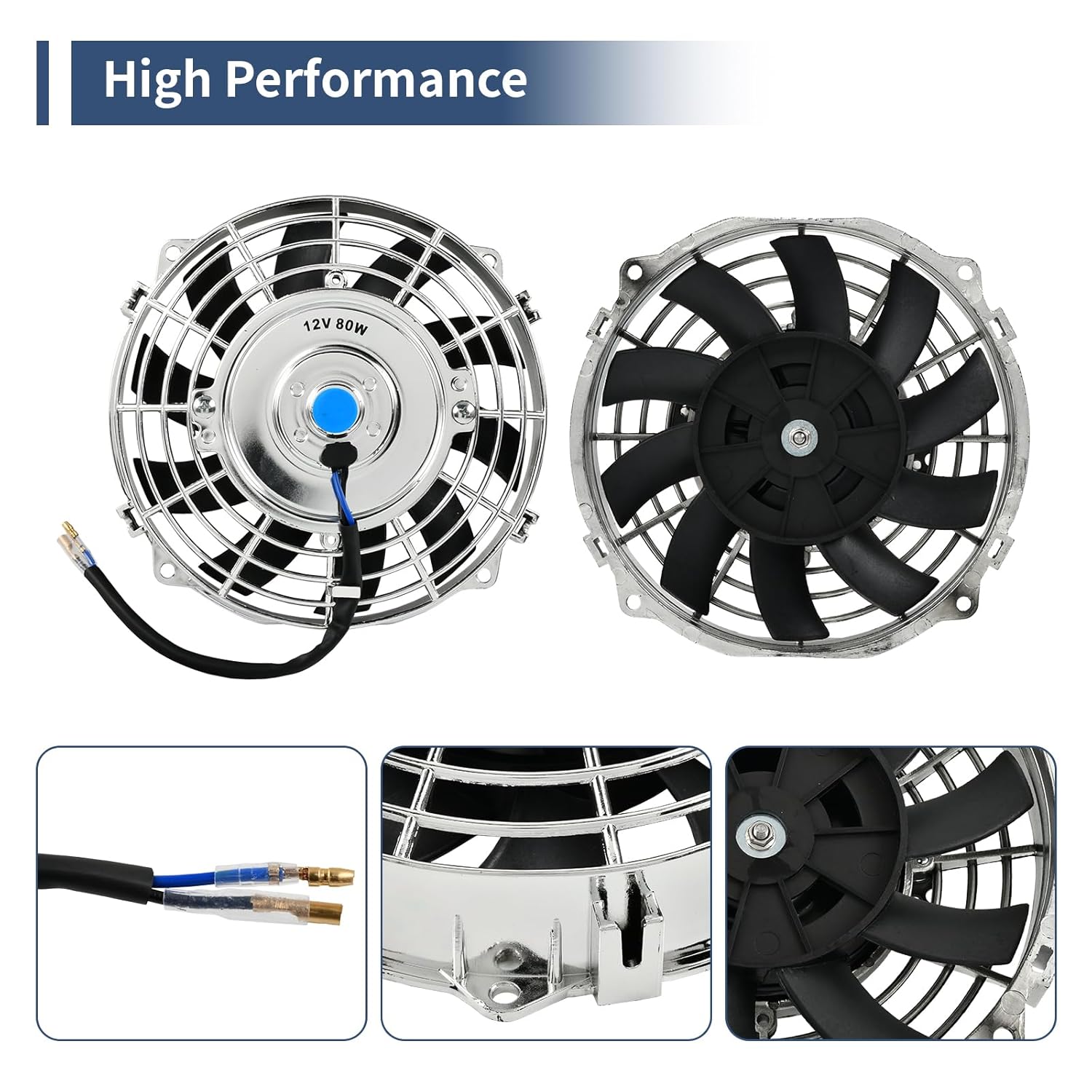 7 Inch Chrome Slim Push Pull Electric Radiator Cooling Fan Universal High Performance 12V 80W Motor with Fan Mounting Kit