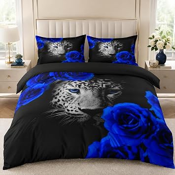 Animal and Red Blue Queen Duvet Cover Set Flowers Comforter-Cover and Pillowcases Black Background Cheetah Print Bedding Set Leopard Bedroom Decor