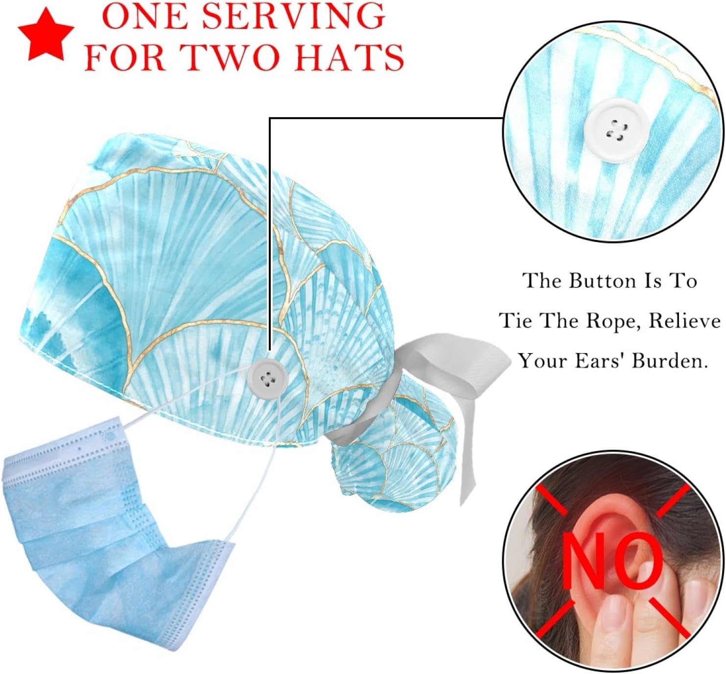 2 Pcs Women’s Working Caps with Button Ocean Turtle Long Hair Cover Ribbon Lace-Up Hat