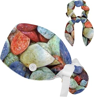 FVQL 2 Pieces Surgical Cap for Long Hair Scrub Cap with Hairband Nurse Cap, Colorful Stone Pattern
