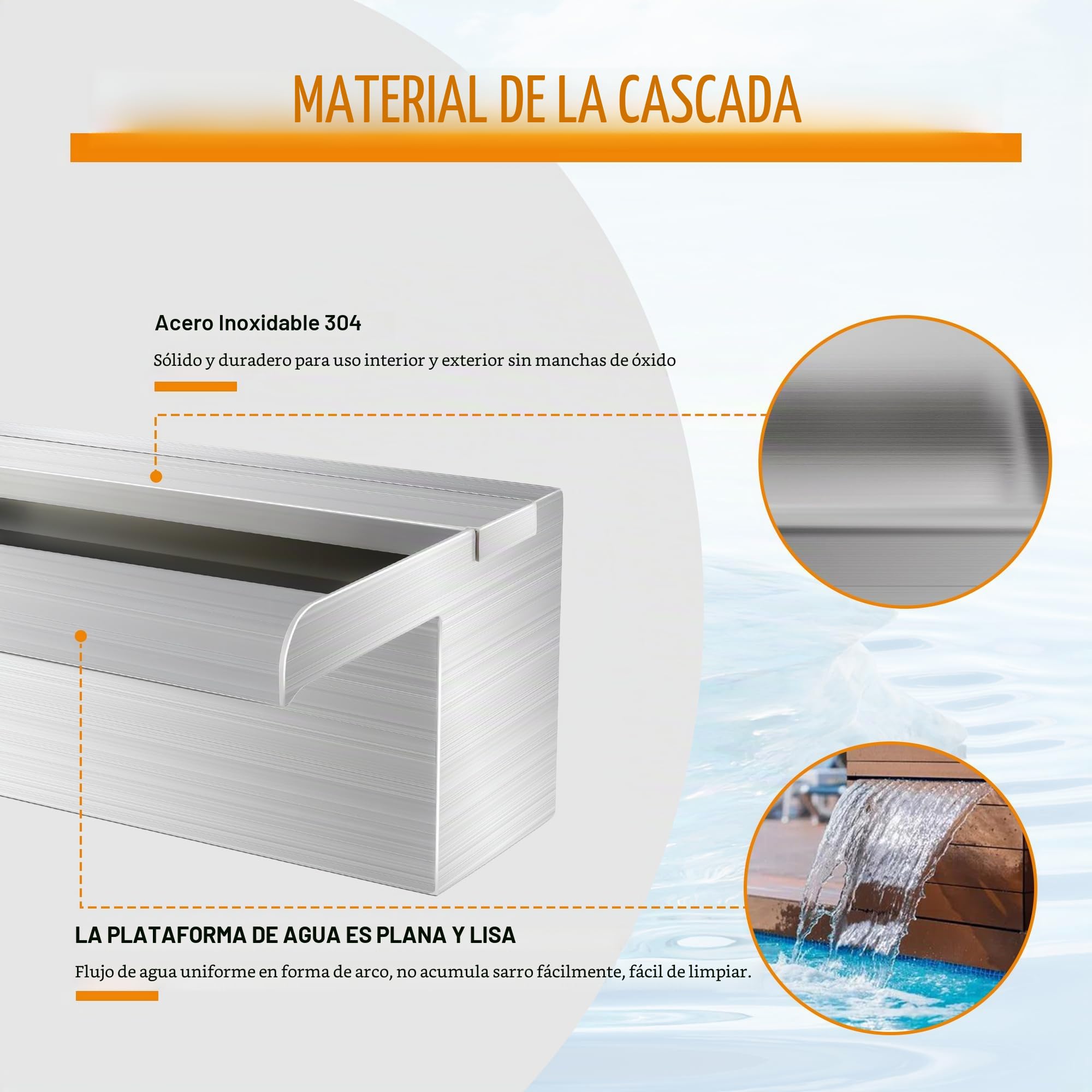 Cuchillas de Fuente Piscina Cascada Acero Inoxidable, Departamento Aliviadero con Accesorios para Decoración de Estanque Exterior de Patio de Jardín (Longitud 90cm, Ancho 15cm)