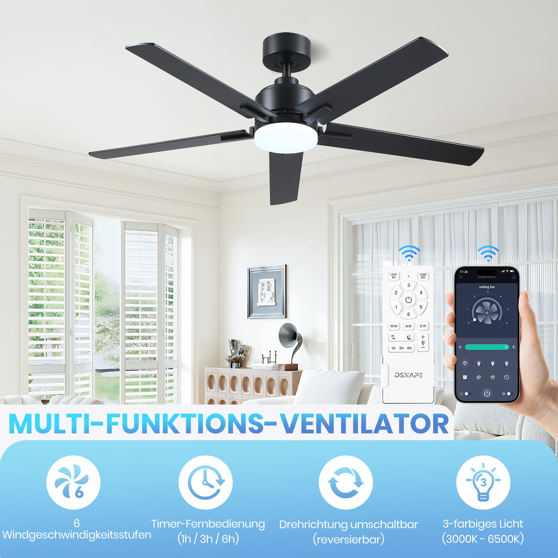 Deckenventilator mit Beleuchtung 132cm, Fernbedienung und APP, 5 Flügel, Leise DC Motor, Timer, Schwarz