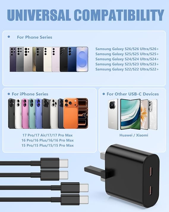 45W USB C Super Fast Charging for Samsung Galaxy S26 S25 S24 Ultra,2Pack USB Type C Samsung Fast Charger Plug and Cable 1M+2M for Samsung Galaxy S26+/S25+/S24+/S23/S22 /S21/S20 Ultra/A56/A55/A25/A26