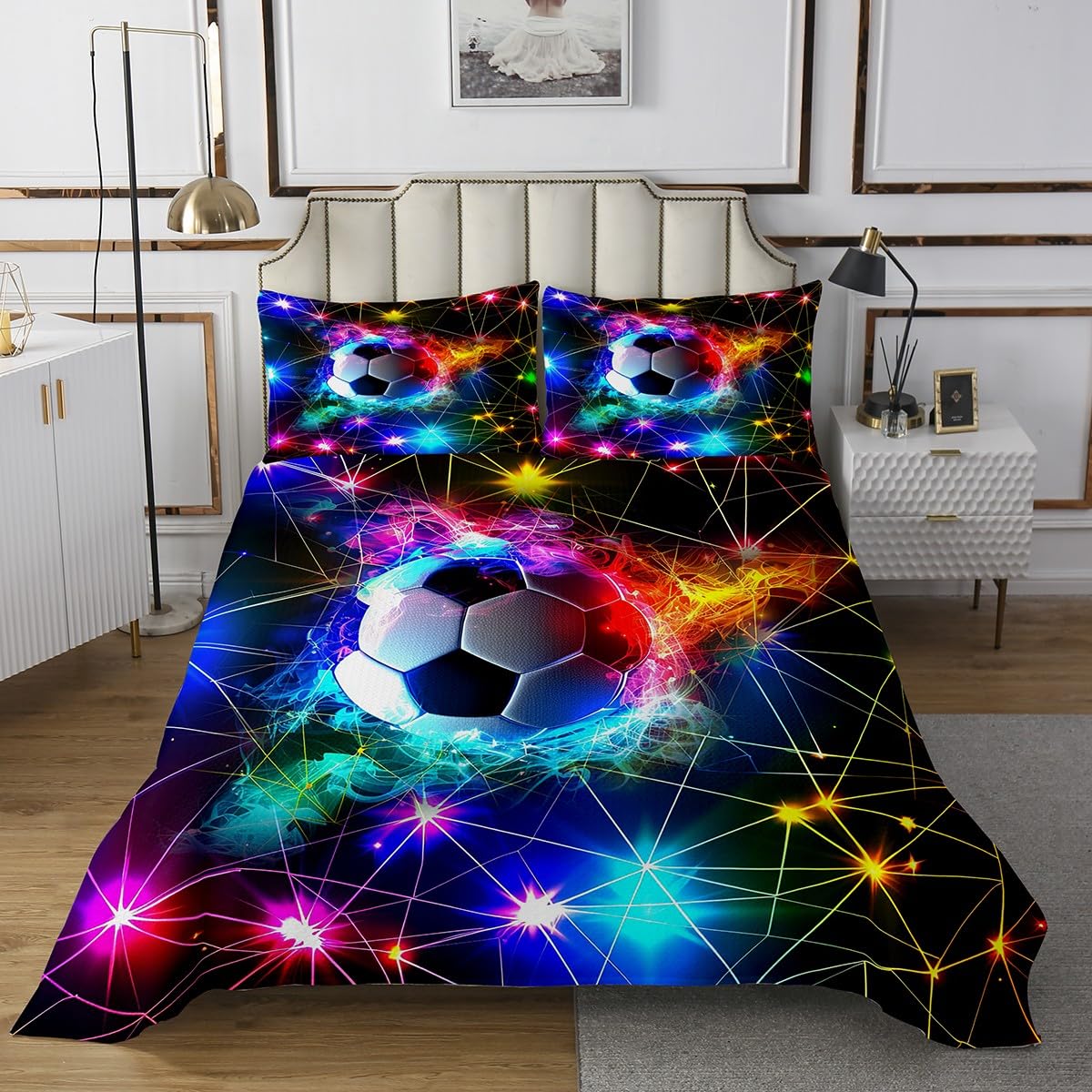 Castle Fairy Football Bedspread Twin Size,Neon Lights Purple Blue Coverlet Set 2pcs for Kids Girls Boys Youth Bedroom Decor,Colorful Glow Quilt Set,1 Pillowcase