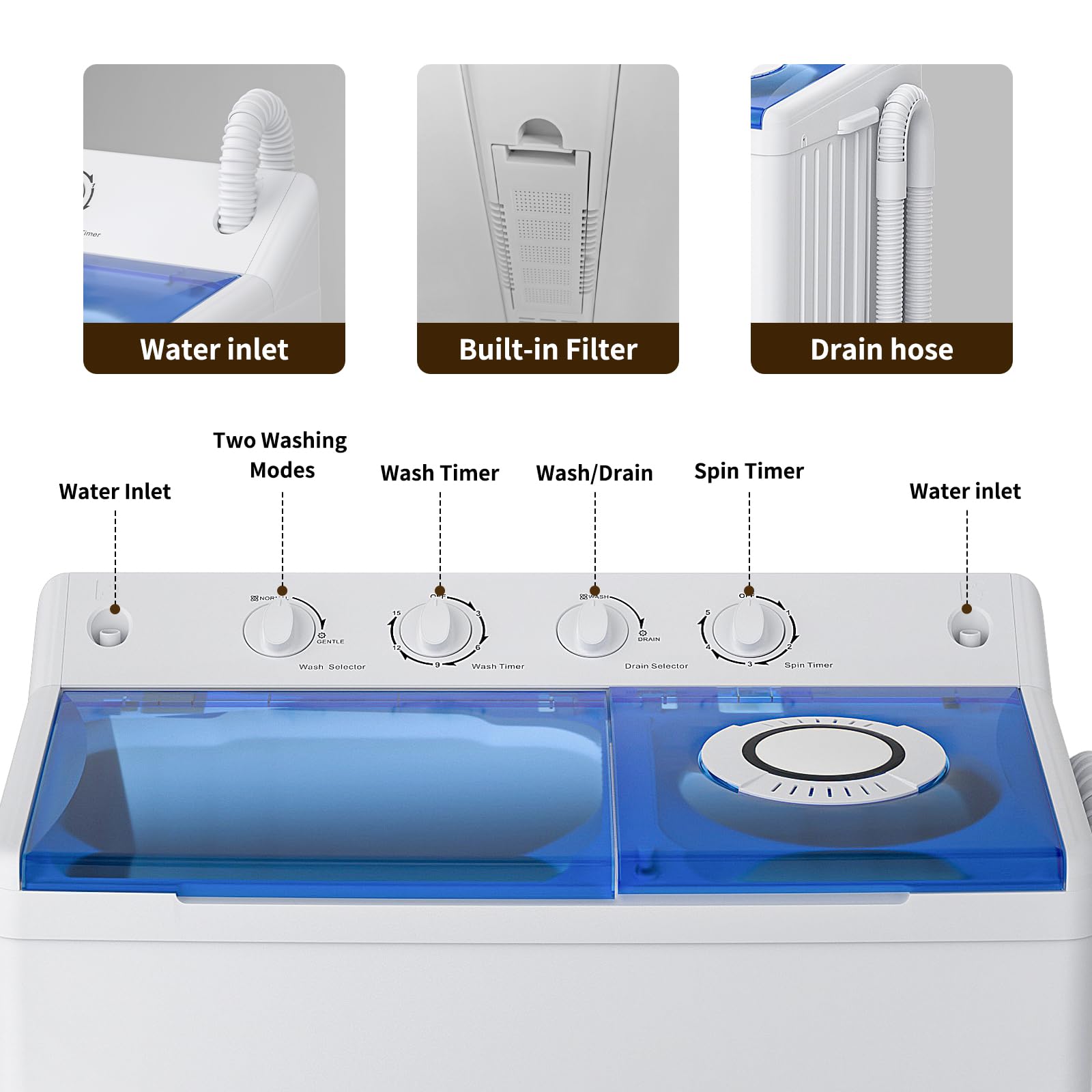 VCJ Portable Washing Machine, Twin Tub Washing Machine Laundry Compact Washer spinner Combo with 20lbs capacity, 12Lbs Washer and 8Lbs Spinner dryer for Apartments RVs and Dorms