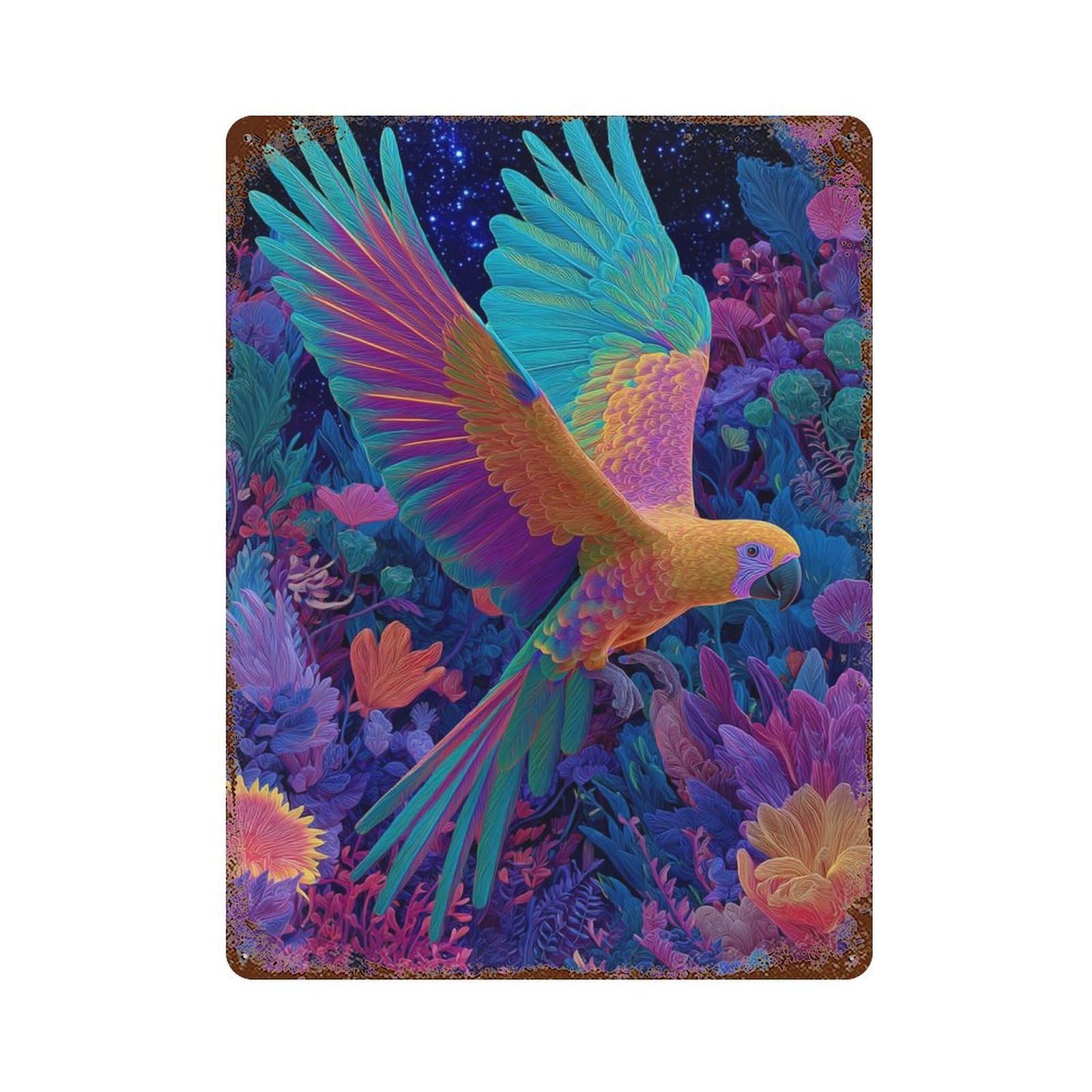Colorful Parrot in Fantasy Forest 15.7"x11.8" Rustic Tin Plaque, Retro Wall Decor for Garage, Bar And Workshop Decor