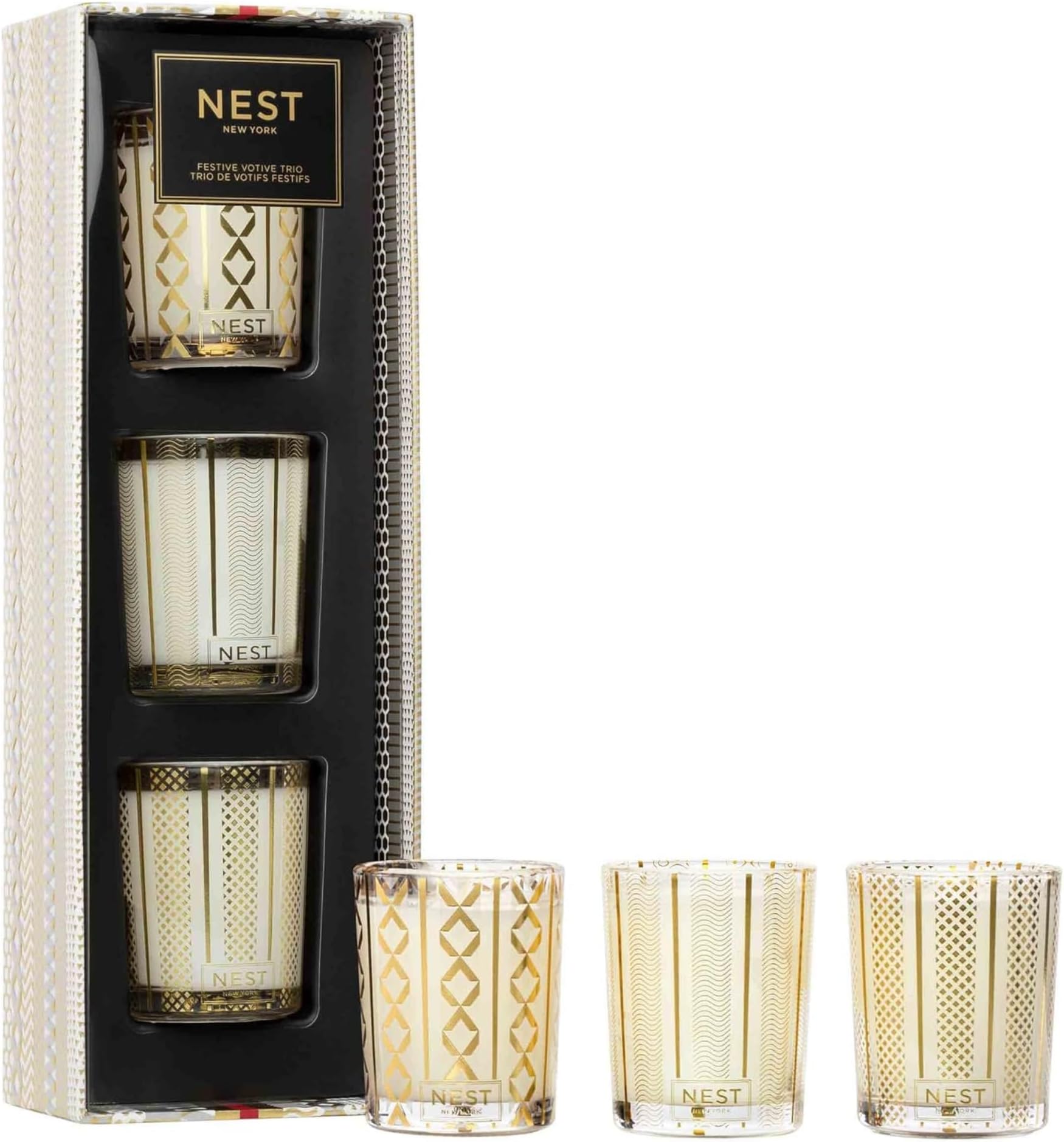 Festive Scented Votive Christmas Candle Trio - 2 oz Each - Includes Holiday, Birchwood Pine, Crystallized Ginger & Vanilla Bean - Up to 28-Hour Burn Time - Reusable Glass Vessel