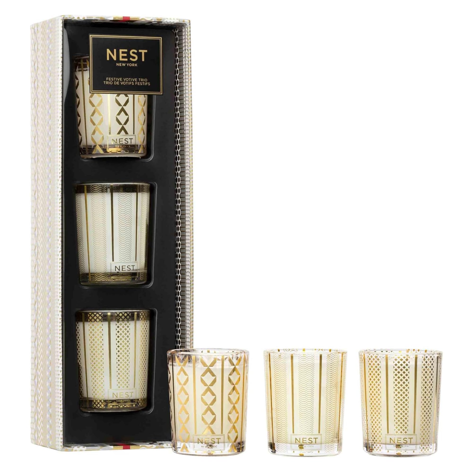 NEST New York Festive Scented Votive Christmas Candle Trio - 2 oz Each - Includes Holiday, Birchwood Pine, Crystallized Ginger & Vanilla Bean - Up to 28-Hour Burn Time - Reusable Glass Vessel
