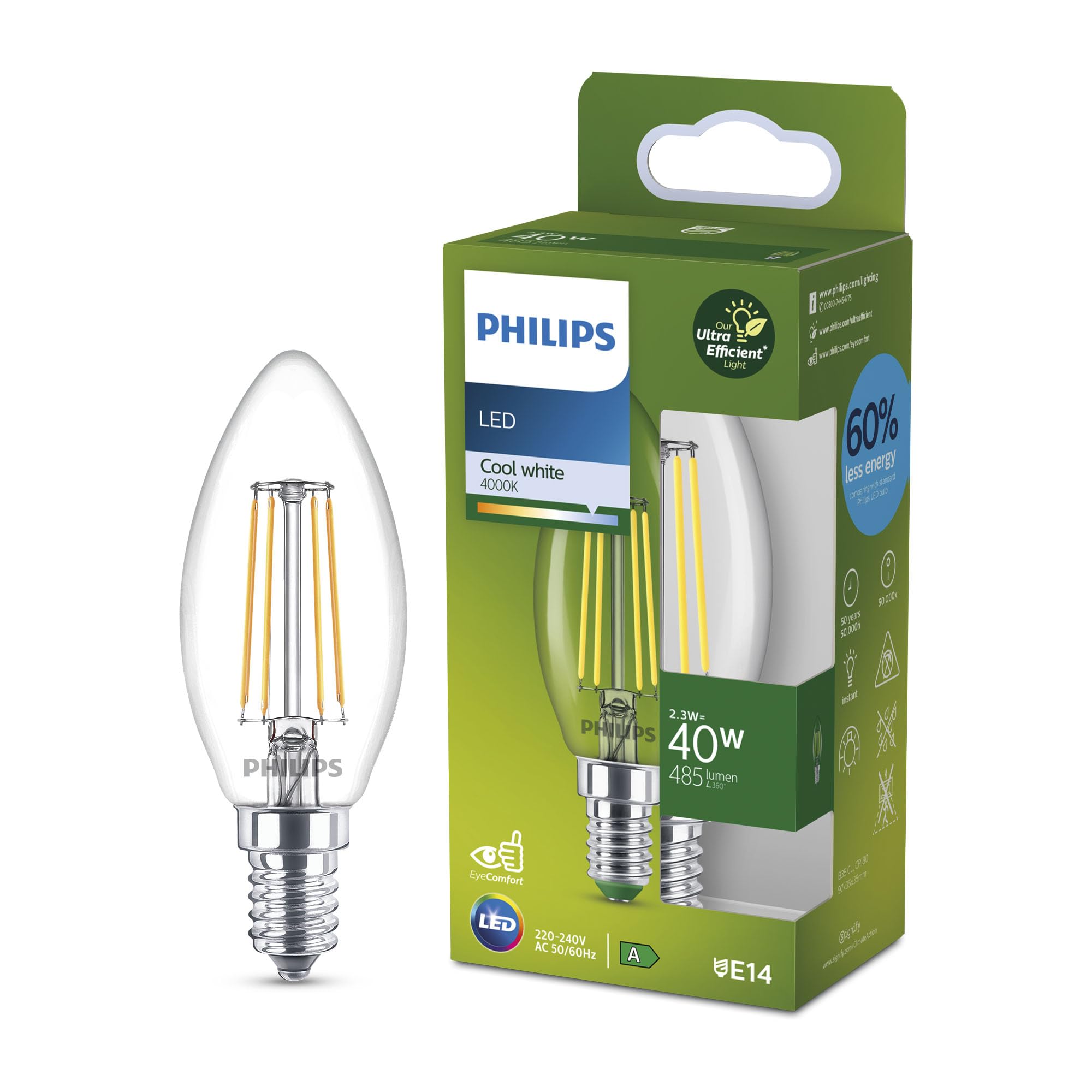 Philips Cool White Classic Ultra-Efficient Led Bulb With Energy Efficiency Class A, E14 Base, Replaces 40W, Clear, Light, Candle Shape, Pack Of 1